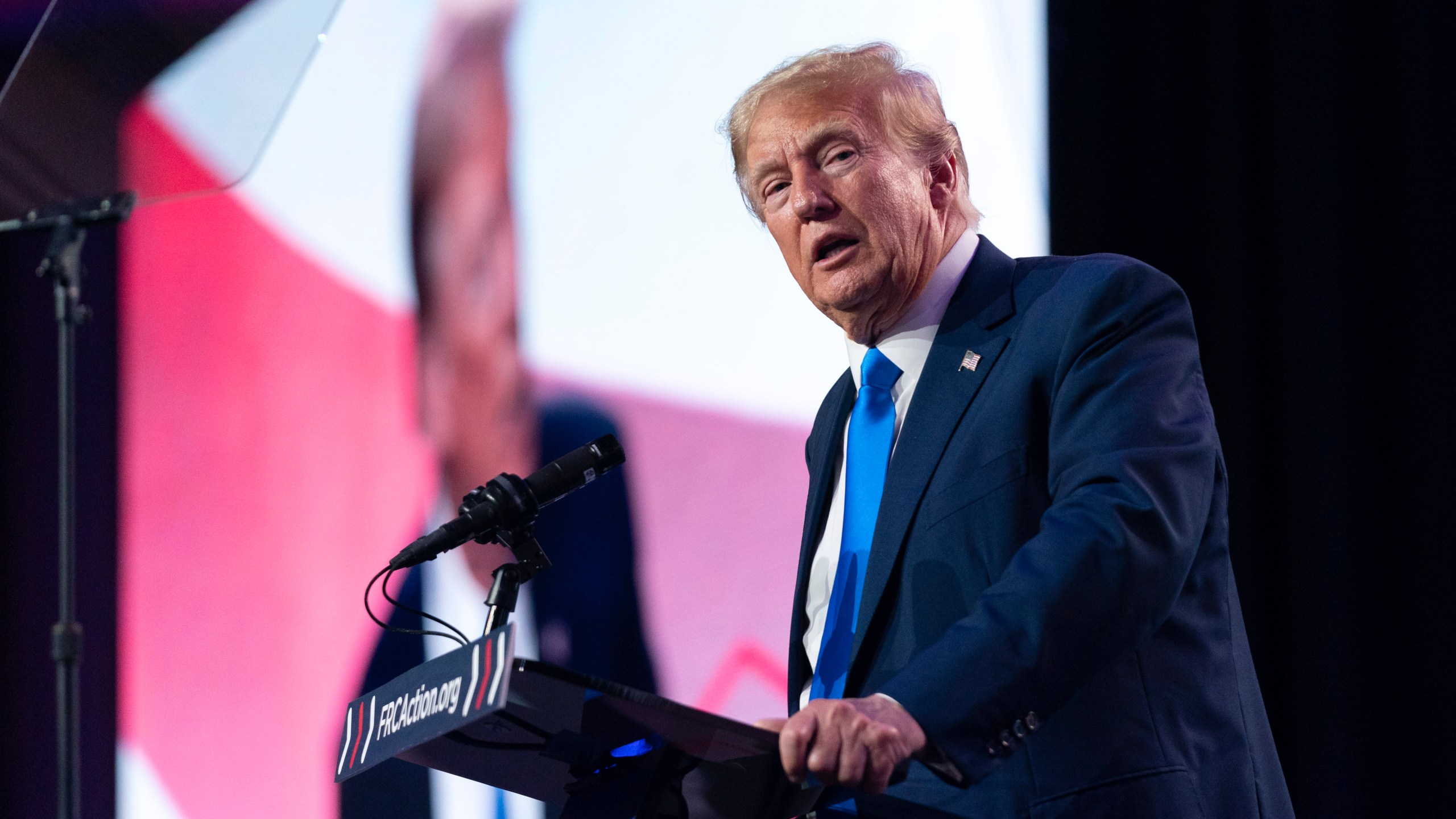 FILE - Former President Donald Trump speaks during the Pray Vote Stand Summit, Friday, Sept. 15, 2023, in Washington. New York Gov. Kathy Hochul on Wednesday, Sept. 20, 2023, signed a bill setting the state’s presidential primary for April 2, potentially putting Trump on the ballot as he stands trial in Manhattan for a hush-money criminal case. (AP Photo/Jose Luis Magana, File)