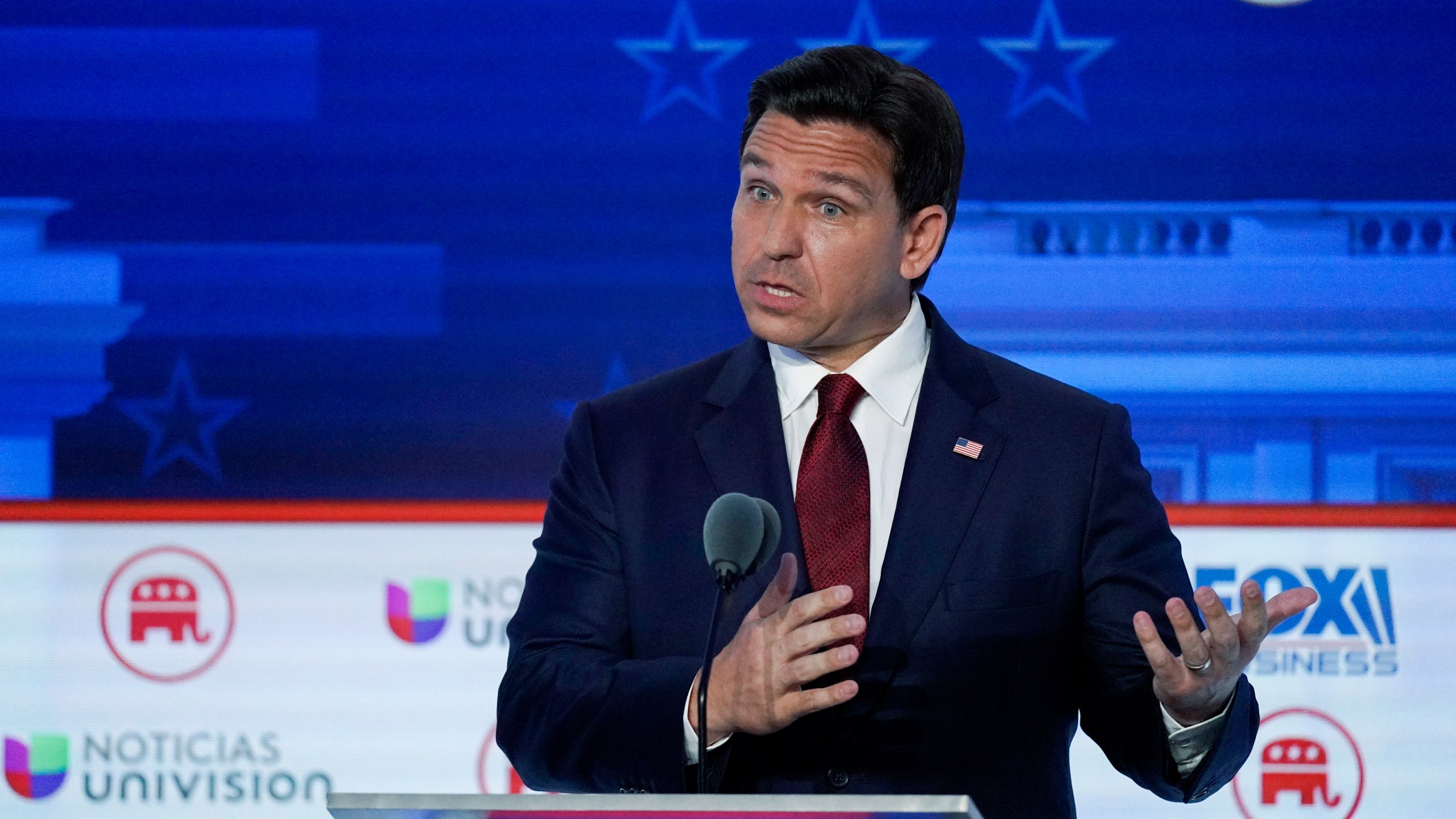 FILE - Florida Gov. Ron DeSantis speaks during a Republican presidential primary debate hosted by FOX Business Network and Univision, Wednesday, Sept. 27, 2023, at the Ronald Reagan Presidential Library in Simi Valley, Calif. (AP Photo/Mark J. Terrill, File)