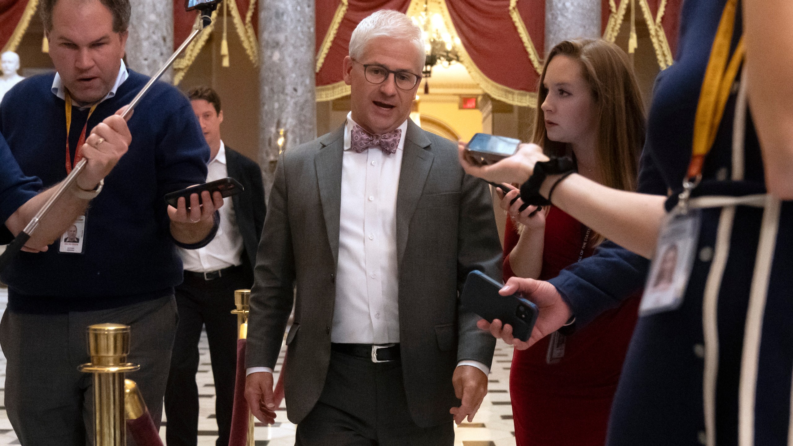 Rep. Patrick McHenry, R-N.C., talks to reporters hours before Rep. Kevin McCarthy, R-Calif., was ousted as Speaker of the House at the Capitol in Washington, Tuesday, Oct. 3, 2023. McHenry was named speaker pro tempore and will temporarily lead the House following McCarthy's ouster. (AP Photo/Mark Schiefelbein)