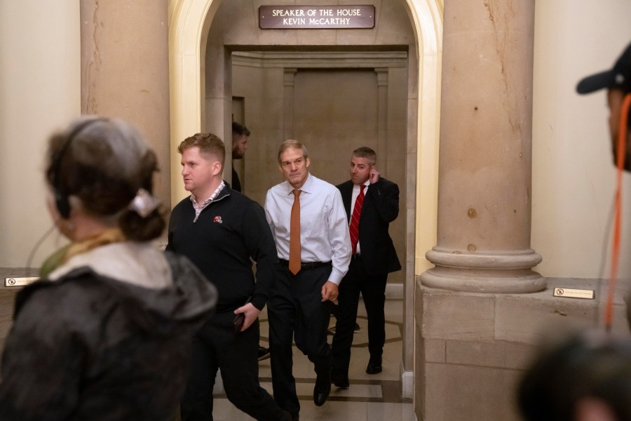 Rep. Jim Jordan, R-Ohio, leaves the offices of the Speaker of the House on Capitol Hill, Wednesday, Oct. 4, 2023 in Washington. (AP Photo/Mark Schiefelbein)