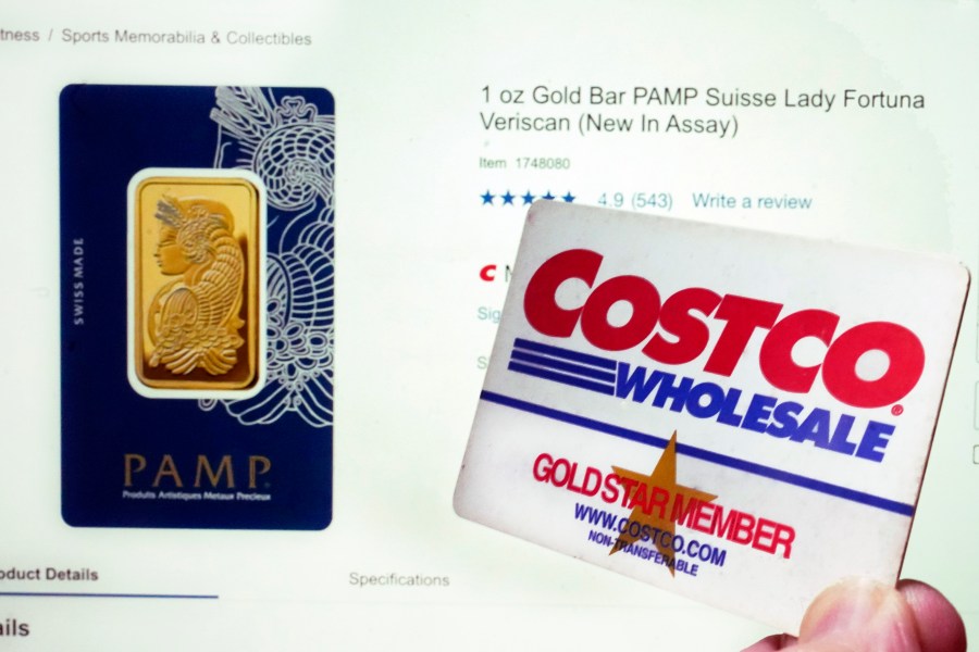 A Costco webpage featuring a one-ounce Gold Bar PAMP Suisse Lady Fortuna Veriscan, and a Costco membership card, are shown in this photo, in New York, Wednesday, Oct. 4, 2023. Costco CFO Richard Galanti said the gold bars, which are sold exclusively online, are "typically gone within a few hours" of appearing on the chain's website — adding that there's a two-bar limit per member. (AP Photo/Richard Drew)