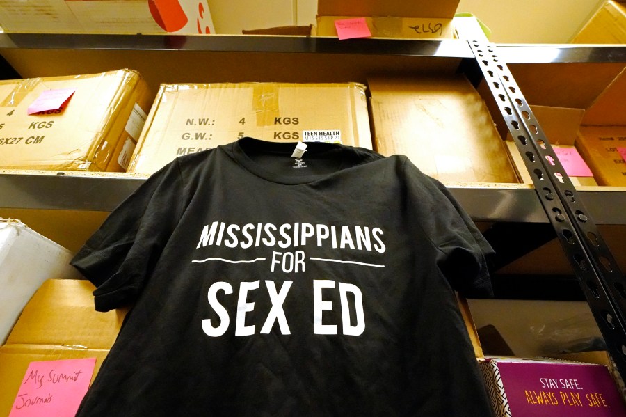 A t-shirt signifying the wearer supports sex education and photographed Tuesday, Sept. 26, 2023, in Jackson, Miss., is made available by Teen Health Mississippi, an organization that works to improve access to high-quality sex ed and youth-friendly healthcare. The shirt is sometimes worn by staff and youth partners to help facilitate group discussions among other youth and the community at large. (AP Photo/Rogelio V. Solis)