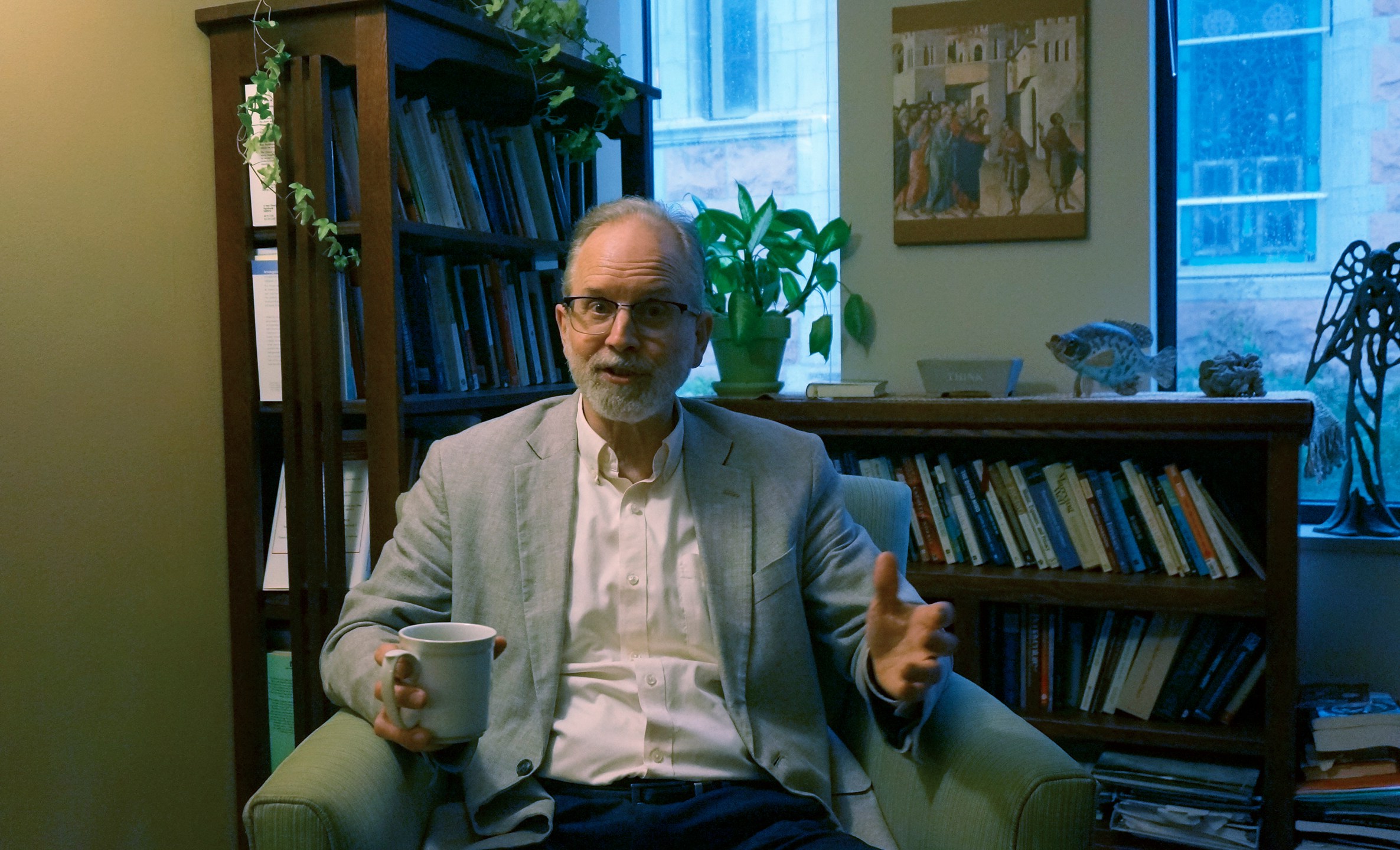 Paul Ruff, a licensed psychologist and director of counseling services at Saint Paul Seminary, discusses the importance of ongoing formation for Catholic seminarians and priests in his office in St. Paul, Minn., on Friday, Sept. 29, 2023. Ruff says a robust prayer life is important to mental health, but so are activities like workshops that can help overcome the isolation that many clergy feel. (AP Photo/Giovanna Dell'Orto)