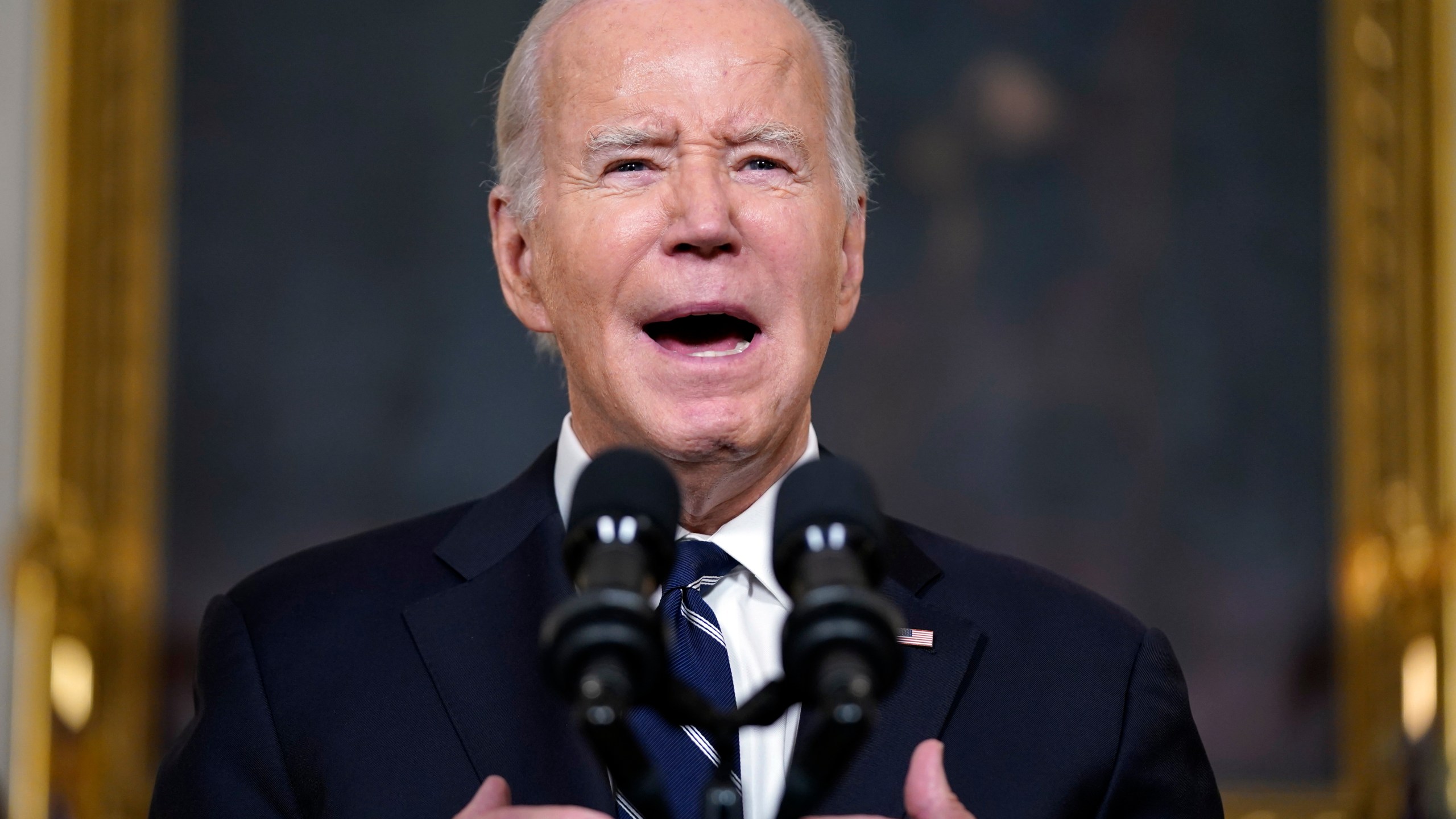 President Joe Biden speaks Tuesday, Oct. 10, 2023, in the State Dining Room of the White House in Washington, about the war between Israel and the militant Palestinian group Hamas. (AP Photo/Evan Vucci)