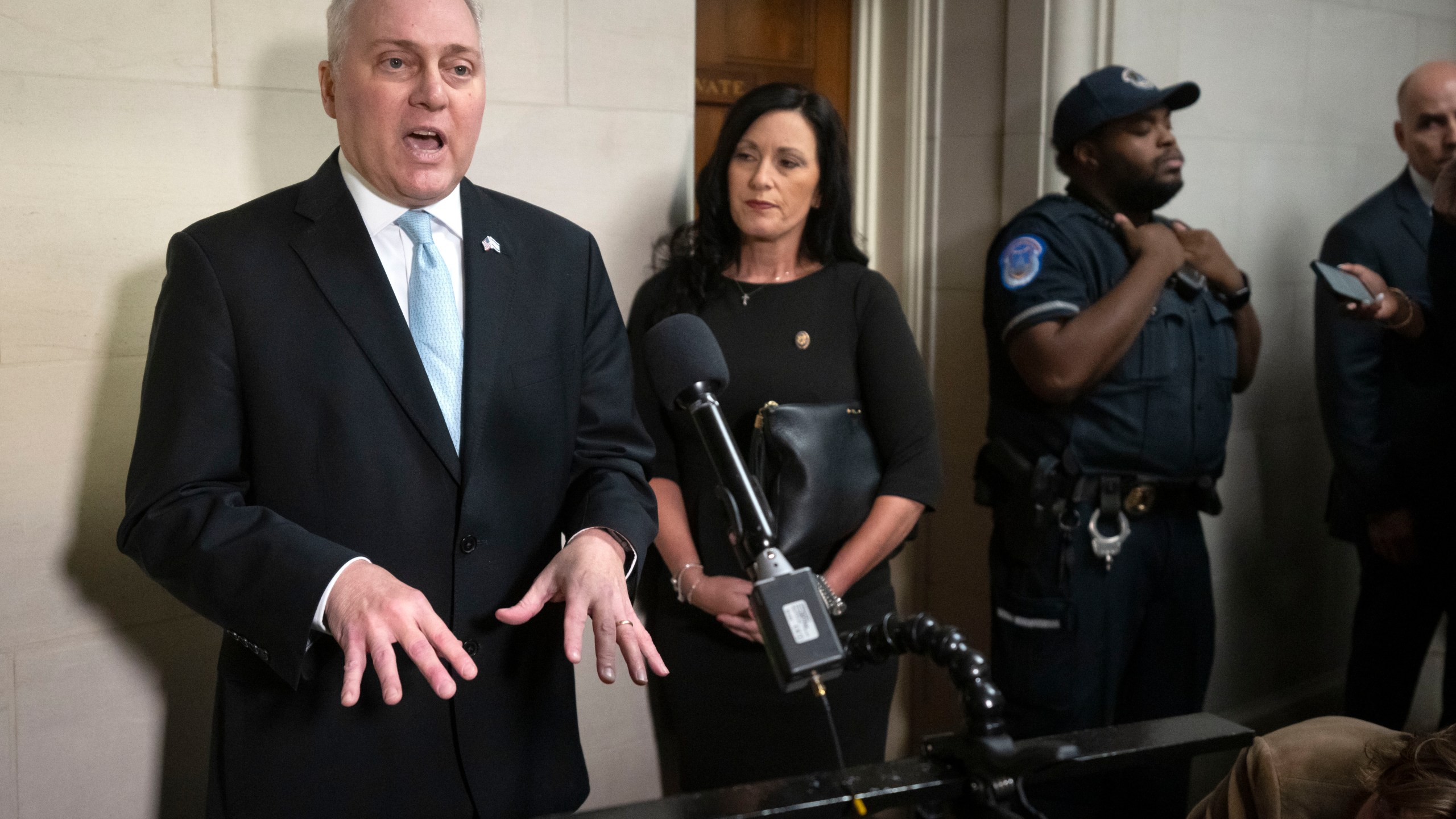 Majority Leader Steve Scalise, R-La., speaks to reporters after a closed-door meeting of House Republicans during which he was nominated as their candidate for Speaker of the House, on Capitol Hill, Wednesday, Oct. 11, 2023 in Washington. (AP Photo/Mark Schiefelbein)