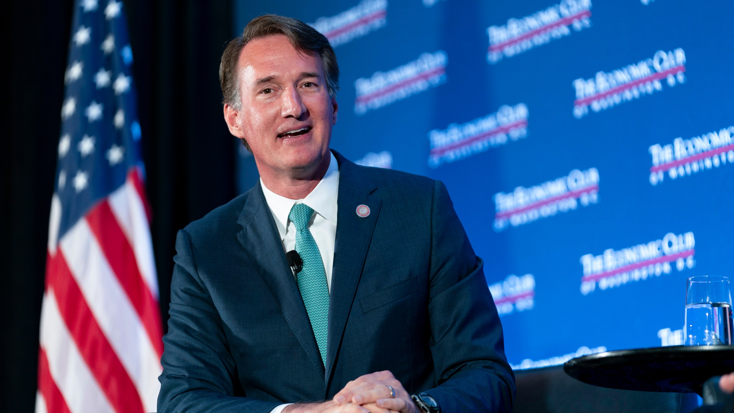 FILE - Virginia Gov. Glenn Youngkin speaks during an interview, Sept. 26, 2023, in Washington. Conjecture that Youngkin, who is set to host a major donor retreat Tuesday, Oct. 17, and Wednesday, Oct. 18, might make a late entry into the 2024 presidential race has only grown since his victory nearly two years ago and could further escalate after next month’s high-stakes legislative elections, where he’s aiming for a GOP sweep. (AP Photo/Stephanie Scarbrough, File)