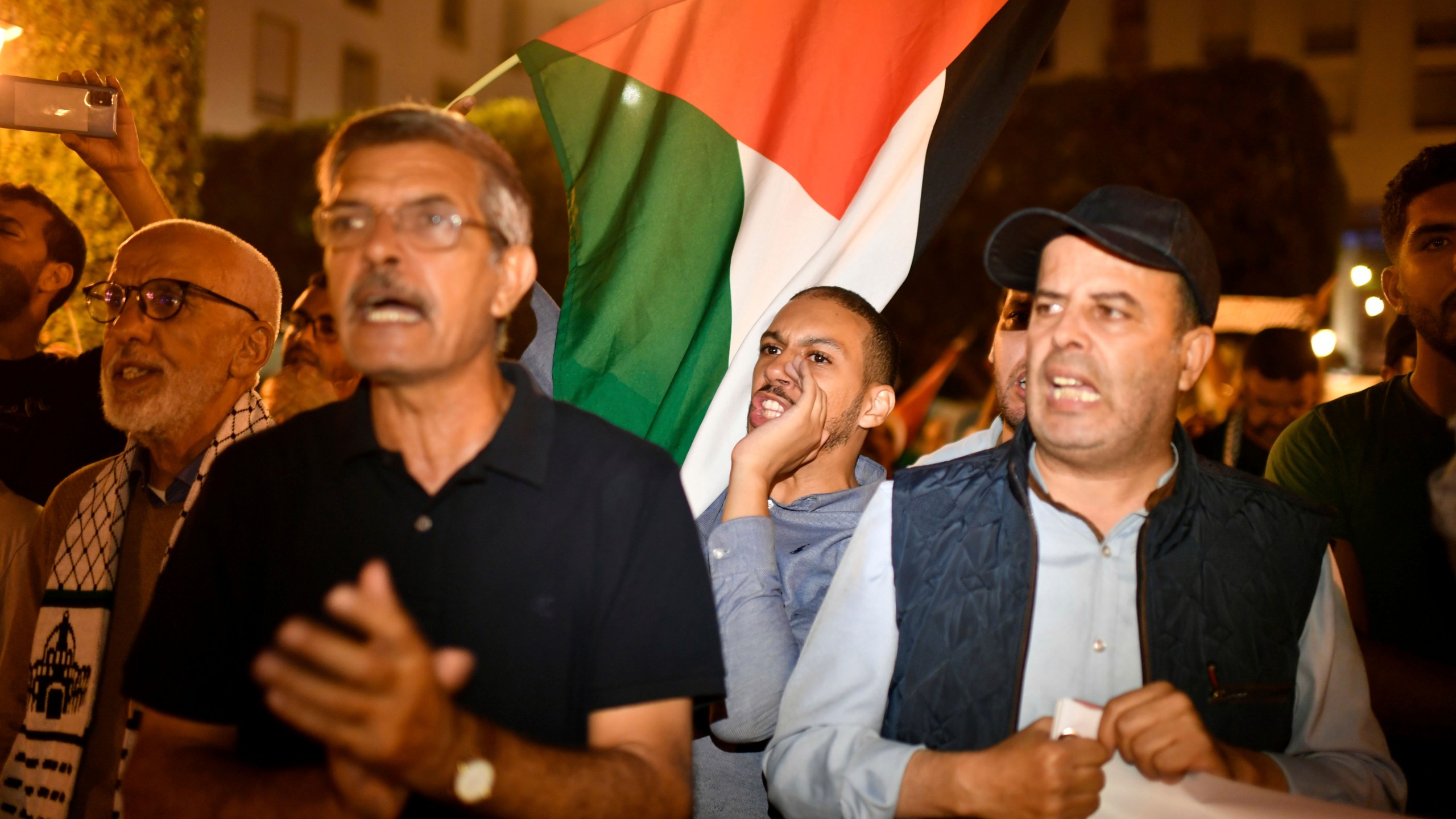 Hundreds of Moroccans take part in a protest in solidarity with Palestinians in Gaza following the bombing of AlAhli hospital, in Rabat, Morocco, Tuesday, Oct. 17, 2023. (AP Photo)