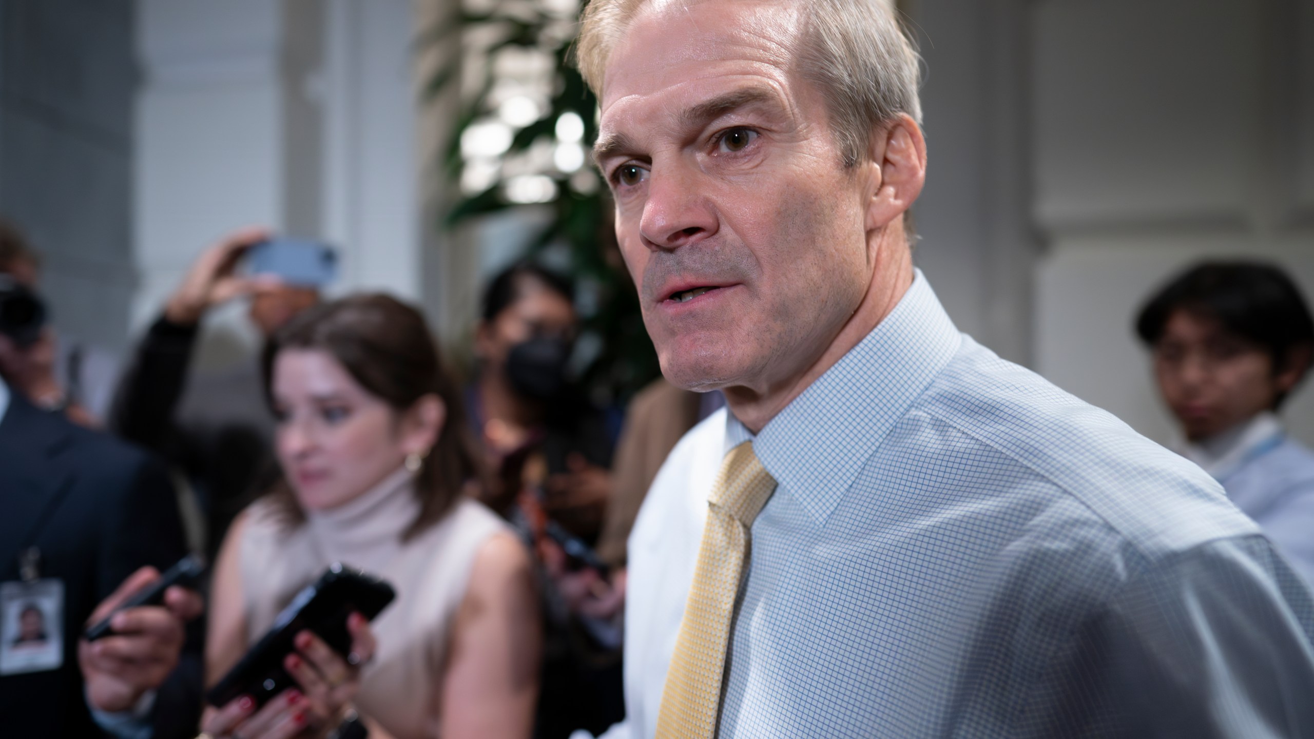 Rep. Jim Jordan, R-Ohio, who failed in a crucial second ballot yesterday to become Speaker of the House, talks to reporters as he leaves a closed meeting of the Republican Conference, at the Capitol in Washington, Thursday, Oct. 19, 2023. (AP Photo/J. Scott Applewhite)