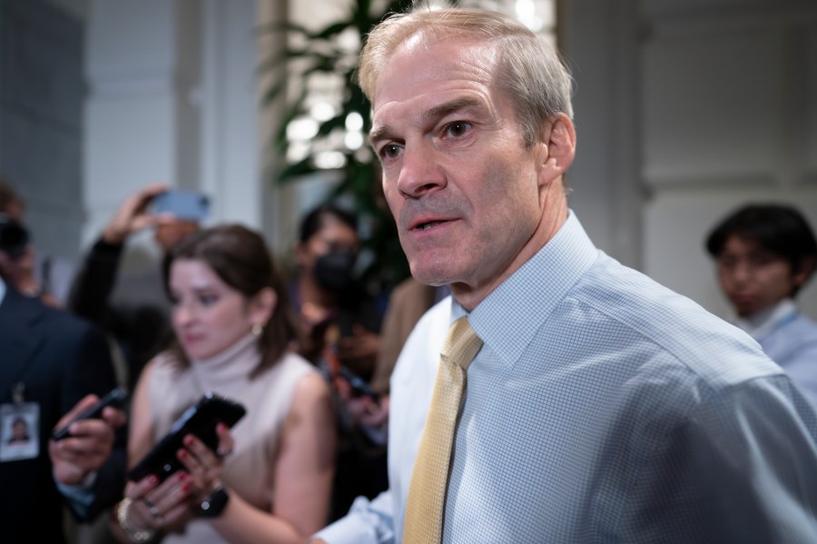 Rep. Jim Jordan, R-Ohio, who failed in a crucial second ballot yesterday to become Speaker of the House, talks to reporters as he leaves a closed meeting of the Republican Conference, at the Capitol in Washington, Thursday, Oct. 19, 2023. (AP Photo/J. Scott Applewhite)