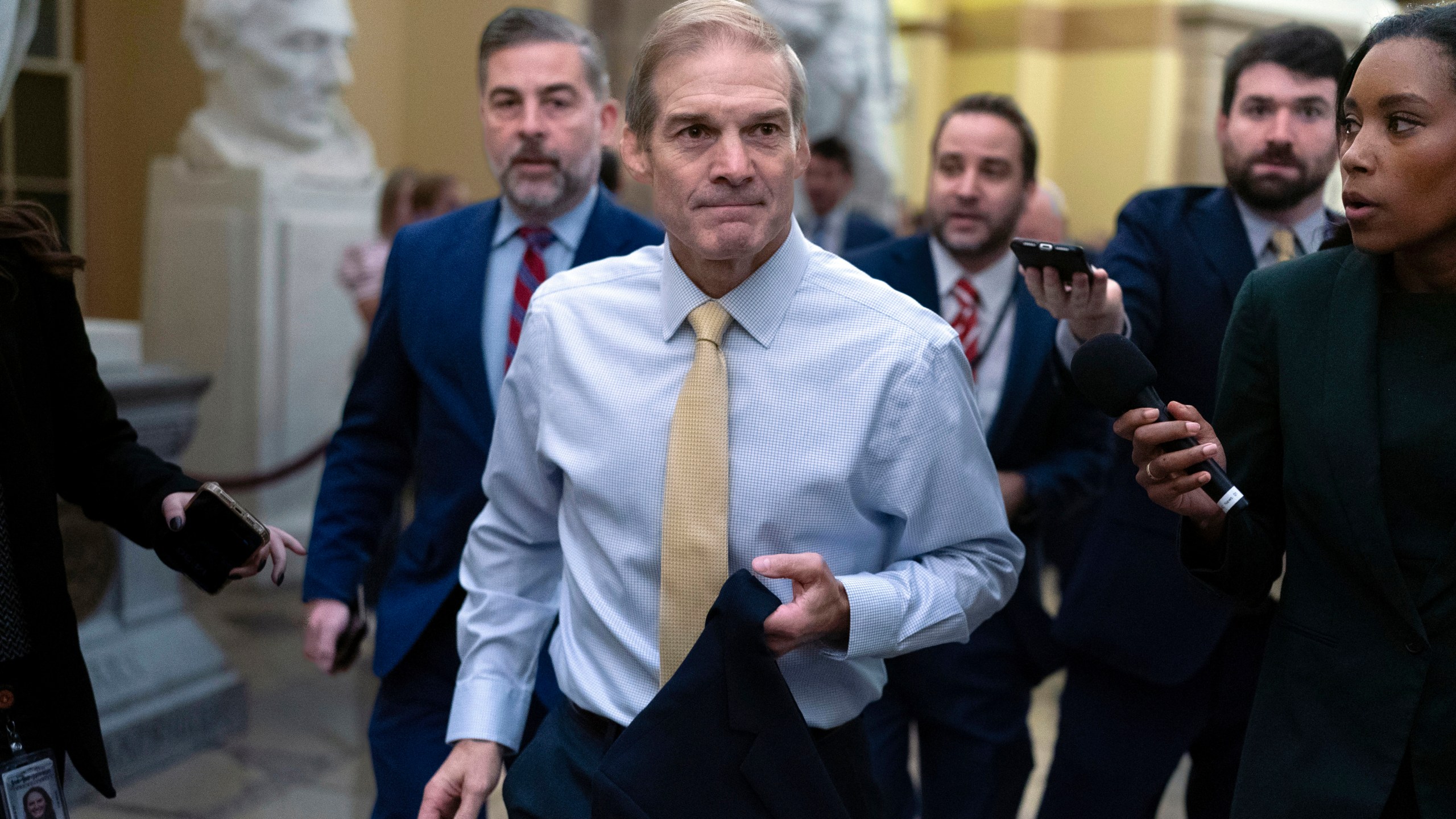 Rep. Jim Jordan, R-Ohio, chairman of the House Judiciary Committee leaves the Republican caucus meeting at the Capitol in Washington, Thursday, Oct. 19, 2023. (AP Photo/Jose Luis Magana)