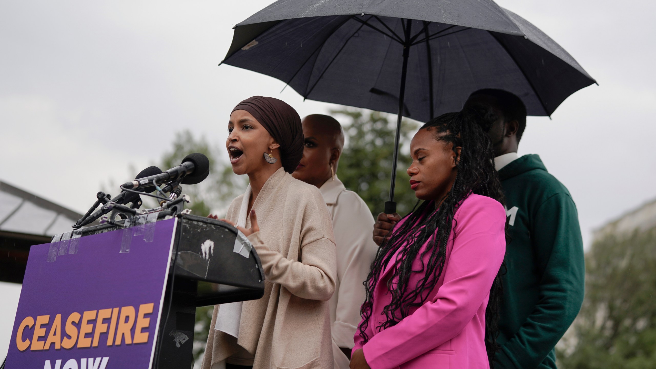 FILE - Rep. Ilhan Omar, D-Minn., left, talks during a press conference to call for a ceasefire in Israel and Gaza on Capitol Hill, Friday, Oct. 20, 2023, in Washington. (AP Photo/Mariam Zuhaib, File)