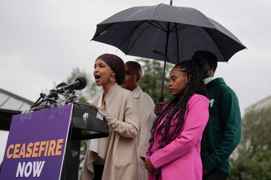 FILE - Rep. Ilhan Omar, D-Minn., left, talks during a press conference to call for a ceasefire in Israel and Gaza on Capitol Hill, Friday, Oct. 20, 2023, in Washington. (AP Photo/Mariam Zuhaib, File)