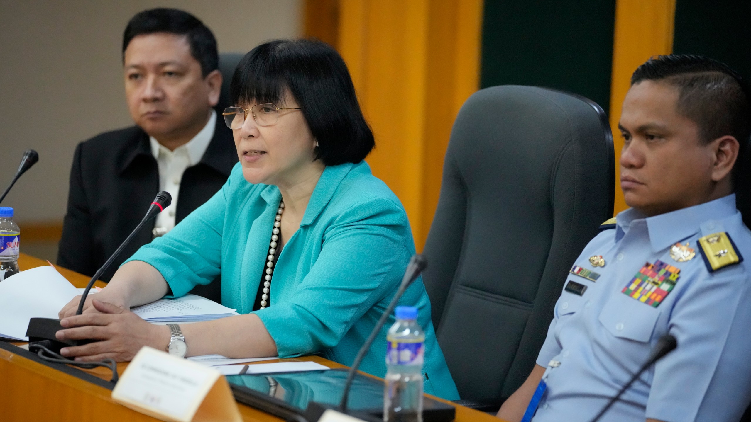 Philippine Foreign Affairs spokesperson, Ambassador Teresita Daza, second from left, answers questions about an incident involving Chinese ships and Philippine military-run ships and coast guard during a press conference In Quezon City, Philippines on Monday, Oct. 23, 2023. A Chinese coast guard ship and an accompanying vessel rammed a Philippine coast guard ship and a military-run supply boat Sunday off a contested shoal, Philippine officials said, in an encounter that heightened fears of an armed conflict in the disputed South China Sea. (AP Photo/Aaron Favila)