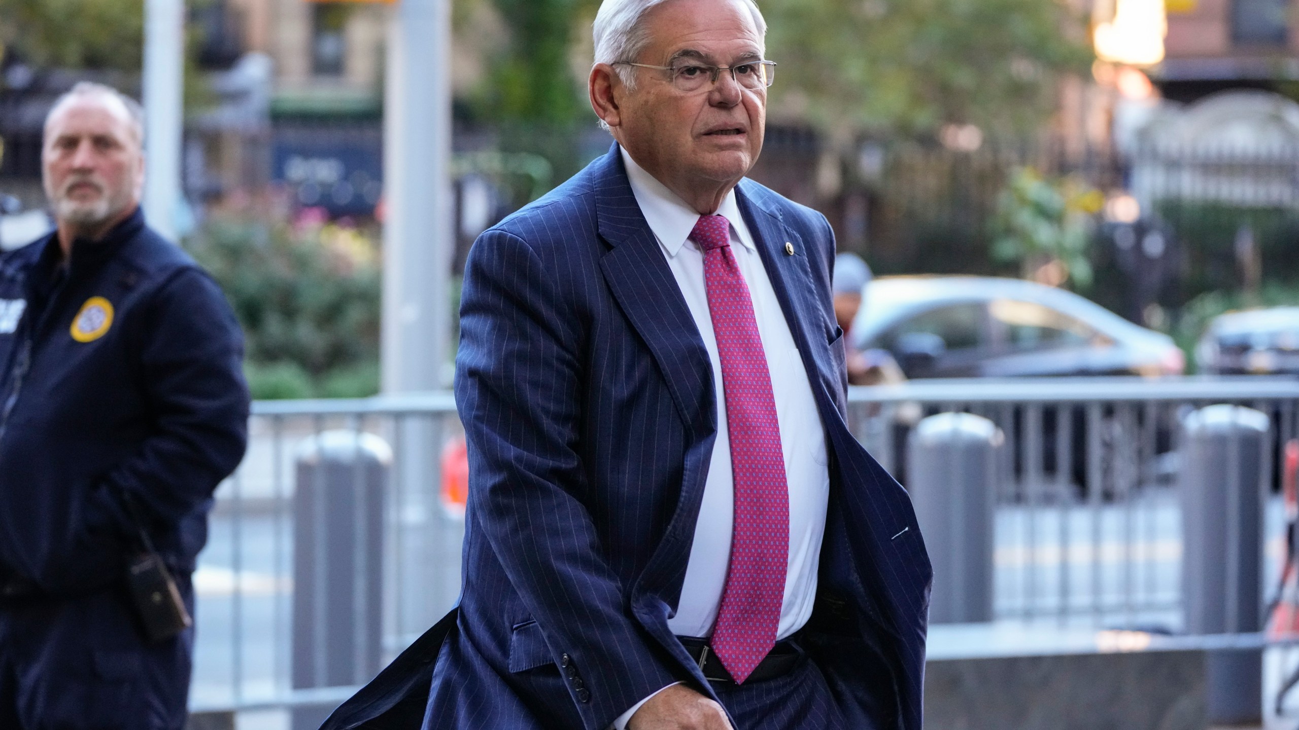 Sen. Bob Menendez, D-N.J., arrives at Manhattan federal court, Monday, Oct. 23, 2023, in New York. Menendez is returning to a New York City federal court to enter a not guilty plea to a conspiracy charge alleging he acted as an agent of the Egyptian government. (AP Photo/Frank Franklin II)