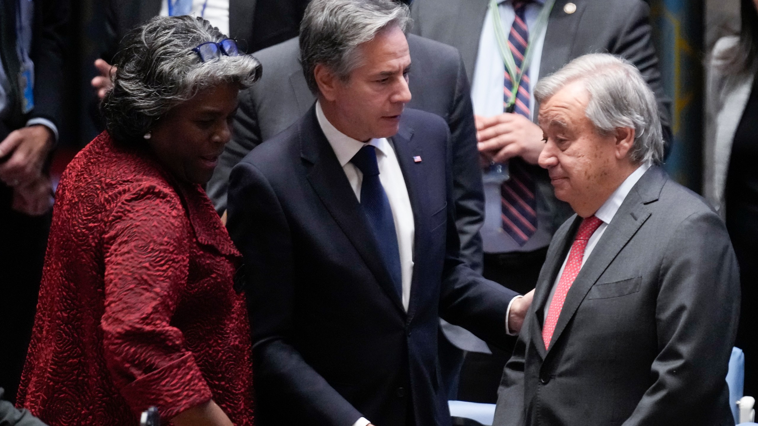 United States Secretary of State Antony Blinken, center, and U.S. Ambassador to the United Nations Linda Thomas-Greenfield, left, talk with UN Secretary-General Antonio Guterres before a Security Council meeting at United Nations headquarters, Tuesday, Oct. 24, 2023. (AP Photo/Seth Wenig)