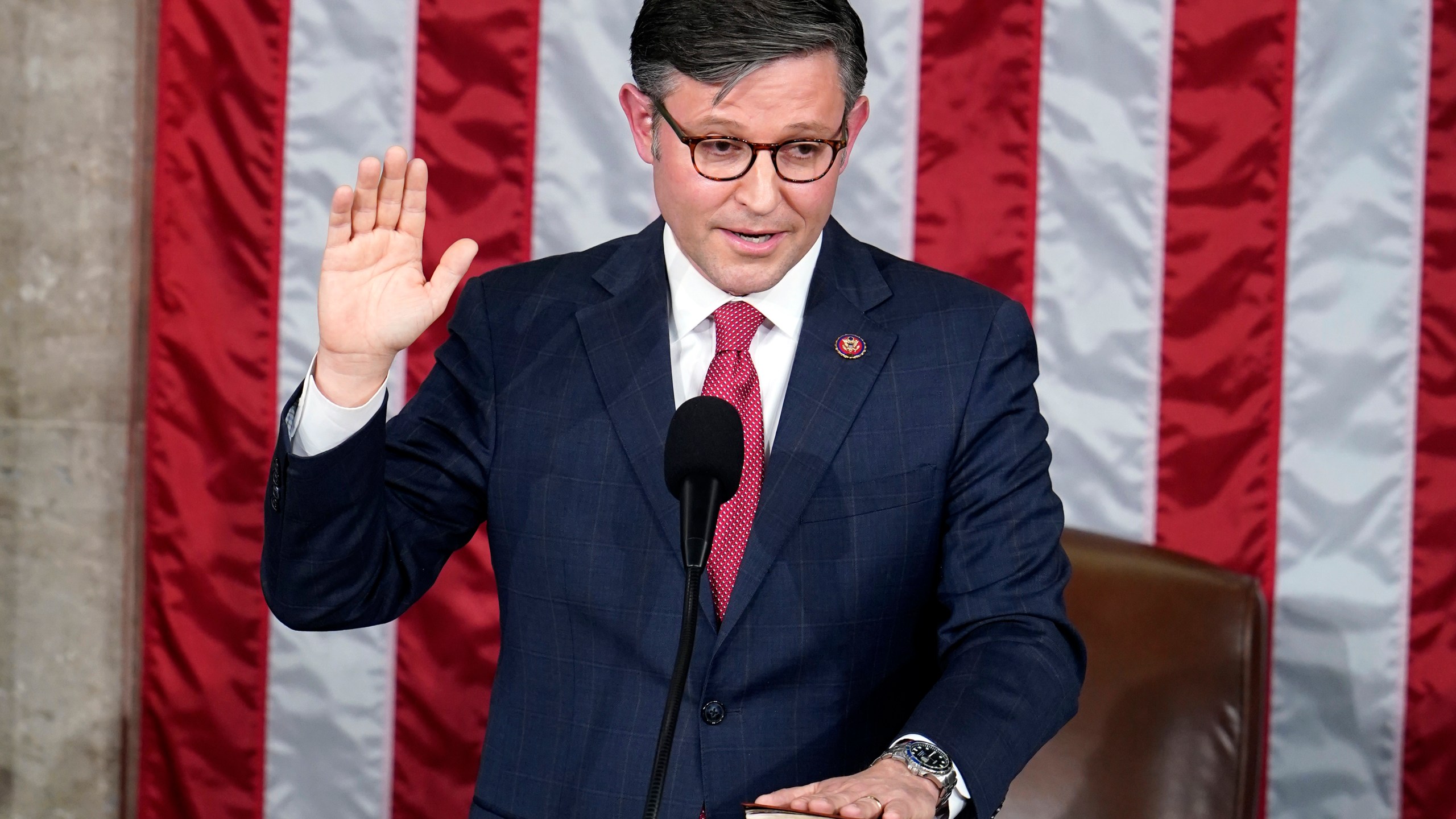 Rep. Mike Johnson, R-La., takes the oath to be the new House speaker from the Dean of the House Rep. Hal Rogers, R-Ky., at the Capitol in Washington, Wednesday, Oct. 25, 2023. (AP Photo/Alex Brandon)