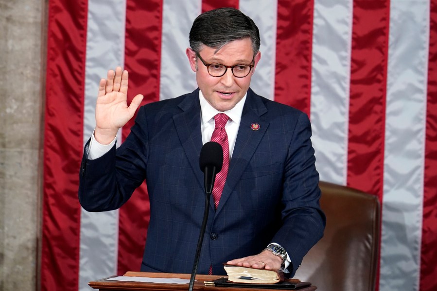 Rep. Mike Johnson, R-La., takes the oath to be the new House speaker from the Dean of the House Rep. Hal Rogers, R-Ky., at the Capitol in Washington, Wednesday, Oct. 25, 2023. (AP Photo/Alex Brandon)