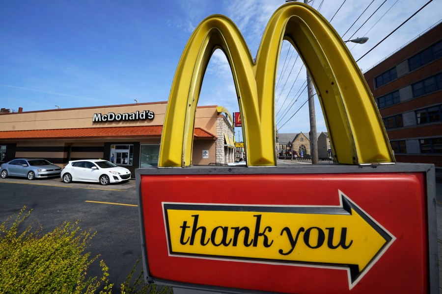 FILE - An exit sign is shown at a McDonald's restaurant in Pittsburgh, April 23, 2022. McDonald's reports earnings on Monday Oct. 30, 2023. (AP Photo/Gene J. Puskar, File)