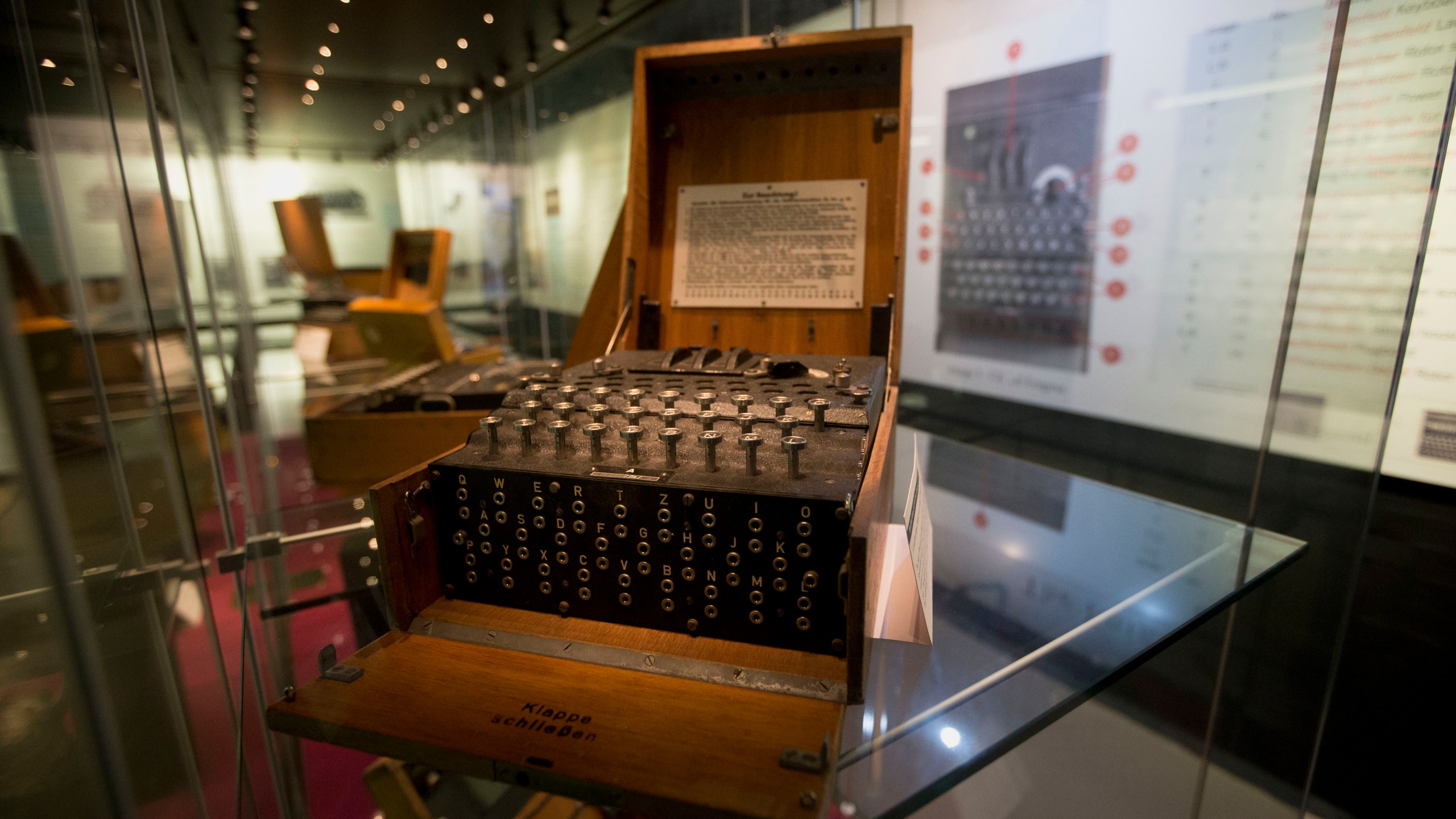 FILE - An Enigma machine is displayed at Bletchley Park museum in the town of Bletchley in Buckinghamshire, England, Jan. 15, 2023. British Prime Minister Rishi Sunak will host a two-day summit focused on frontier AI. It's reportedly expected to be draw a group of about 100 officials from 28 countries, including U.S. Vice President Kamala Harris and executives from key U.S. artificial intelligence companies including OpenAI, Google's DeepMind and Anthropic. (AP Photo/Matt Dunham, File)