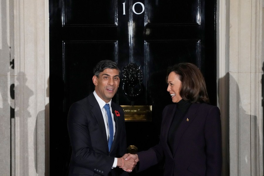 Britain's Prime Minister Rishi Sunak welcomes US Vice President Kamala Harris to 10 Downing Street in London, Wednesday, Nov. 1, 2023. Harris is on a two day visit to England to attend the AI Summit at Bletchley Park. (AP Photo/Kirsty Wigglesworth)