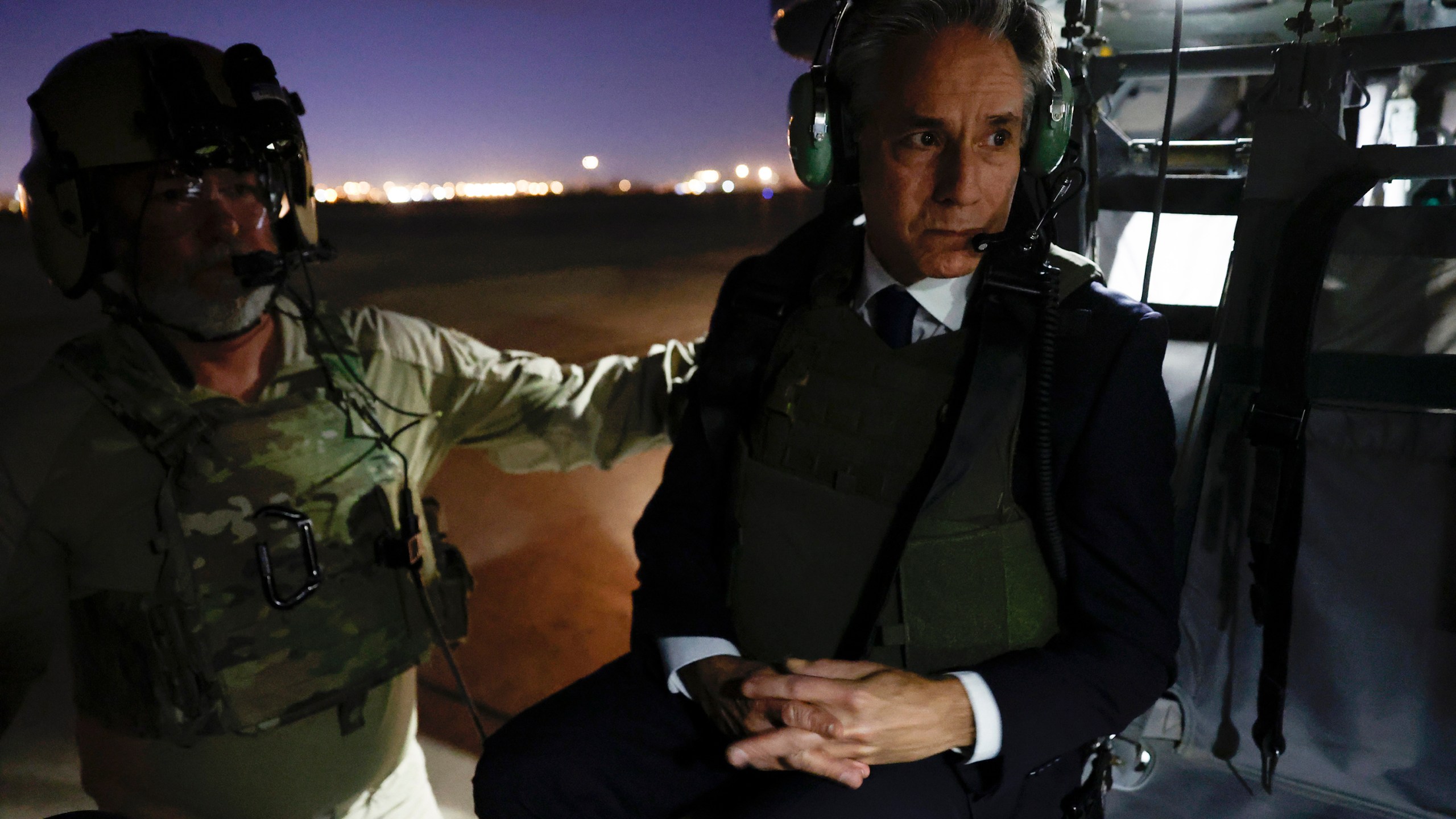 U.S. Secretary of State Antony Blinken departs the International Zone via helicopter after meeting Iraqi Prime Minister Mohammed Shia al-Sudani in Baghdad, Iraq, Sunday Nov. 5, 2023. Blinken flew to Baghdad for talks with Iraqi Prime Mohammed Shia al-Sudani as American forces in the region face a surge of attacks by Iranian-allied militias in Iraq and elsewhere. (Jonathan Ernst/Pool via AP)