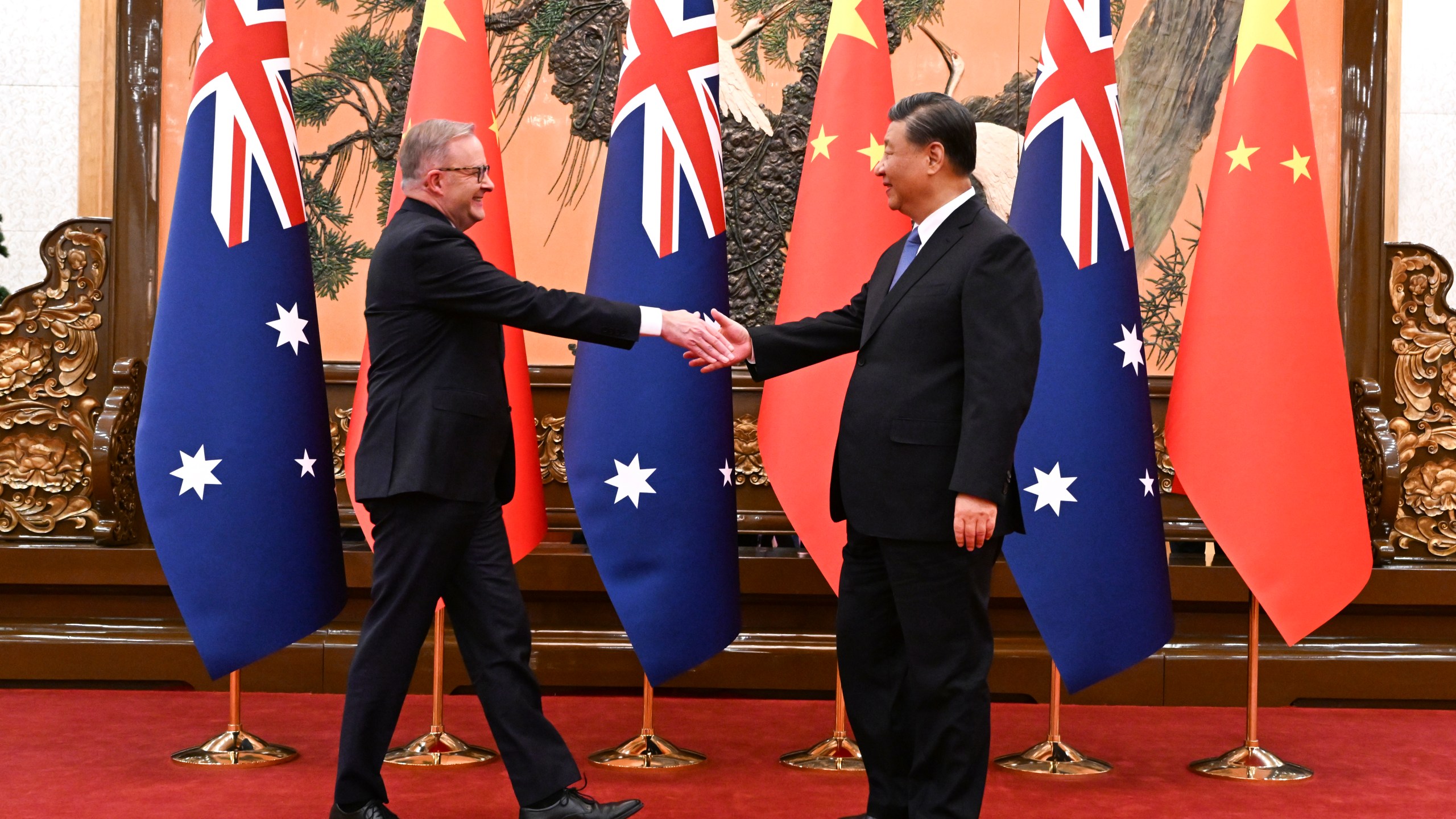 Australia's Prime Minister Anthony Albanese, left, meets with China's President Xi Jinping at the Great Hall of the People in Beijing, China, Monday, Nov. 6, 2023. Albanese is on a three-day visit to China. (Lukas Coch/AAP Image via AP)