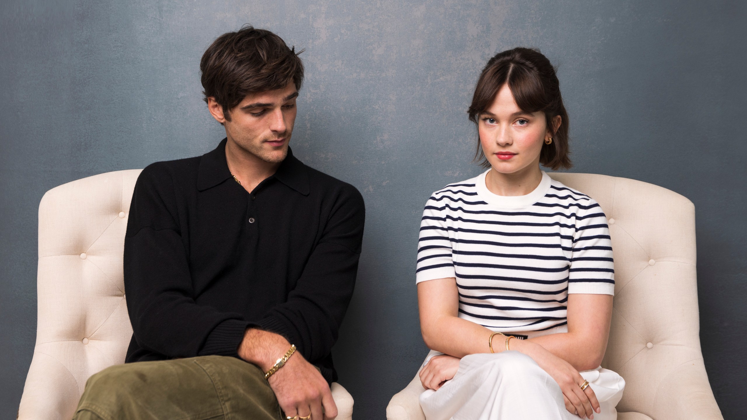 Jacob Elordi, left and Cailee Spaeny pose for a portrait to promote "Priscilla" on Monday, Oct. 16, 2023, in Los Angeles. (Photo by Willy Sanjuan/Invision/AP)