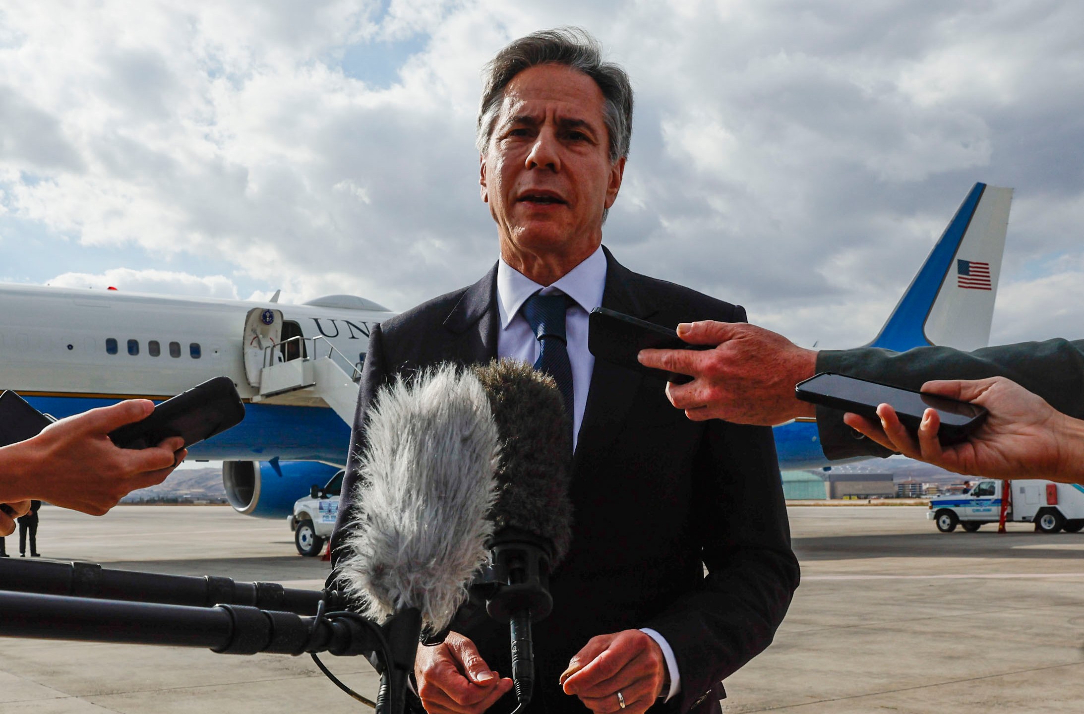 U.S. Secretary of State Antony Blinken speaks to the media about his meetings with Turkish counterparts, before departing from Ankara Esenboga Airport in Ankara, Turkey, Monday Nov. 6, 2023. (Jonathan Ernst/Pool via AP)