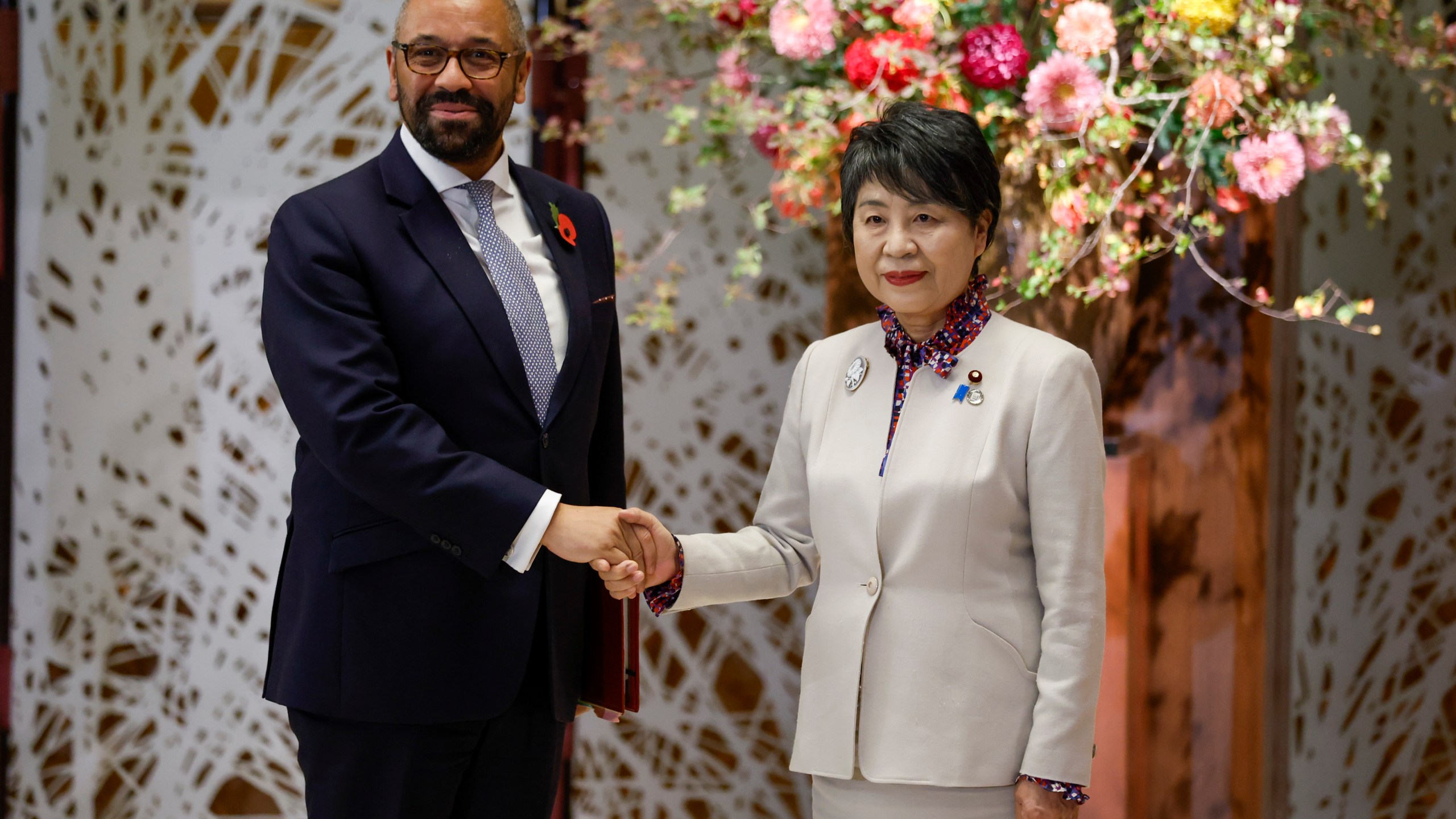 British Foreign Secretary James Cleverly, left, meets with Japanese Foreign Minister Yoko Kamikawa ahead of G7 ministerial meetings, in Tokyo, Japan, Tuesday Nov. 7, 2023. (Jonathan Ernst/Pool via AP)