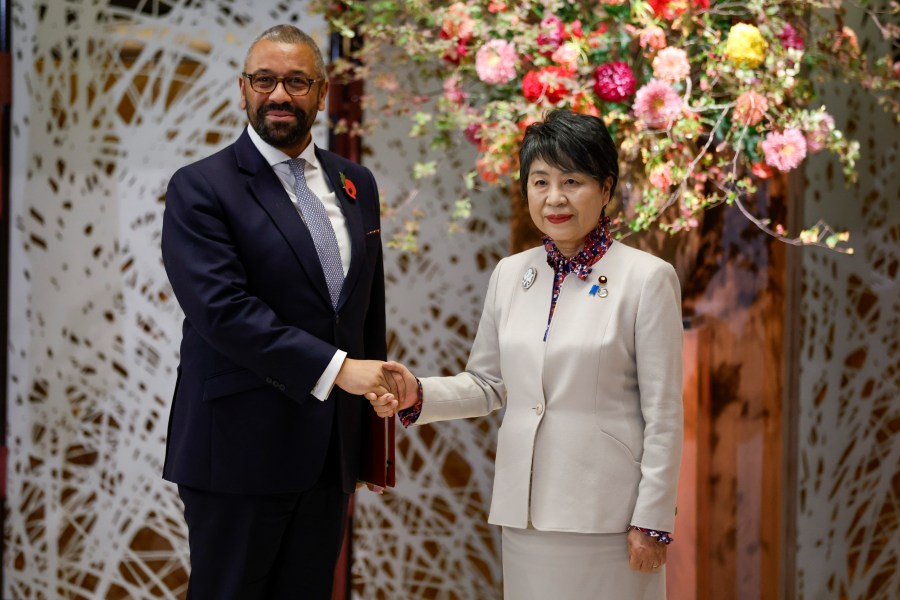 British Foreign Secretary James Cleverly, left, meets with Japanese Foreign Minister Yoko Kamikawa ahead of G7 ministerial meetings, in Tokyo, Japan, Tuesday Nov. 7, 2023. (Jonathan Ernst/Pool via AP)