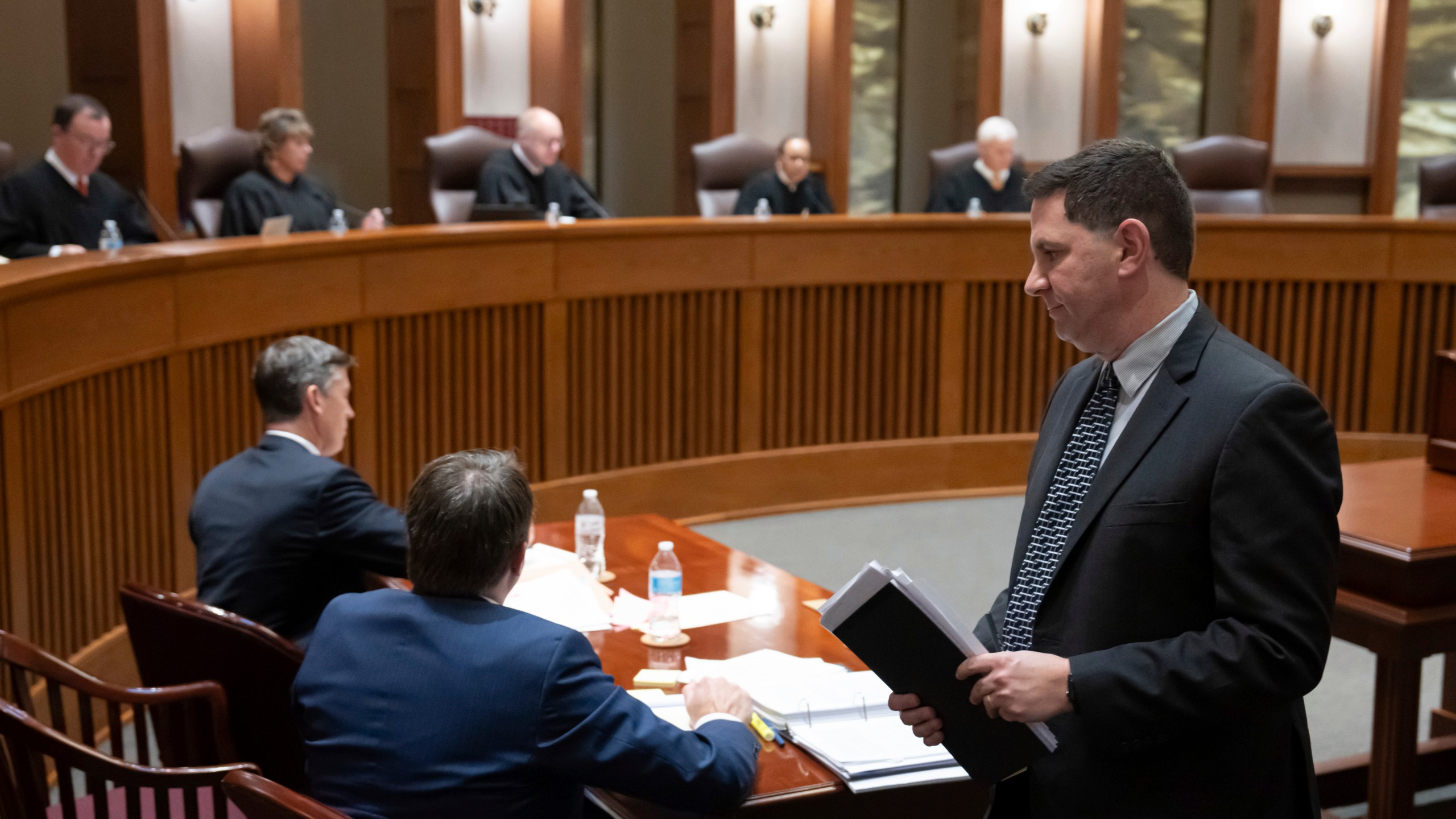 FILE - Ronald Fein, attorney for the petitioner, Free Speech for People, sits after arguing his case before the Minnesota Supreme Court Thursday, Nov. 2, 2023 St. Paul, Minn. The Minnesota Supreme Court on Wednesday, Nov. 8, 2023, dismissed a lawsuit seeking to bar former President Donald Trump from the 2024 primary ballot under a constitutional provision that forbids those who “engaged in insurrection” from holding office. (Glen Stubbe/Star Tribune via AP, Pool, File)