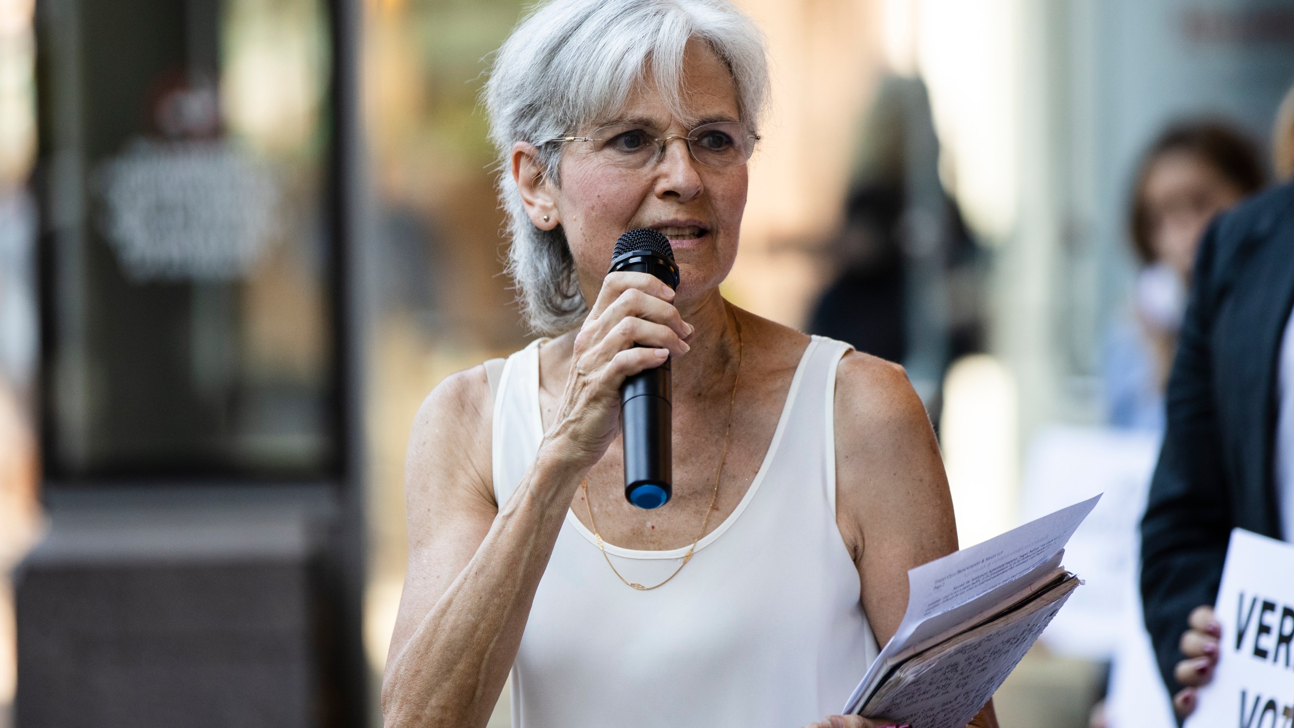 FILE - Former Green Party presidential candidate Jill Stein speaks outside the federal courthouse in Philadelphia, Oct. 2, 2019. Stein is launching another long-shot bid for the presidency as a Green Party candidate. The physician from Lexington, Massachusetts, says she's running to offer people a choice outside of what she calls "the failed two-party system.” (AP Photo/Matt Rourke, File)