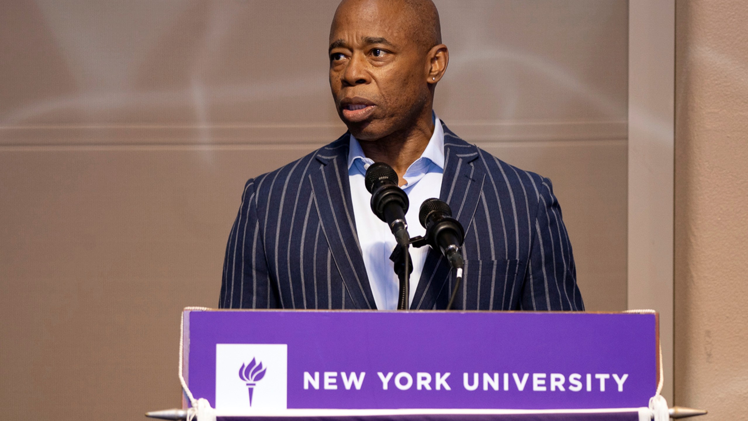 In this image provided by the Office of the New York Mayor, New York Mayor Eric Adams delivers remarks at the Autism Spectrum Disorder Nest Program's 20th anniversary celebration, at New York University's Kimmel Center in New York, Nov. 6, 2023. FBI agents seized phones and an iPad from Adams this week as part of an investigation into his campaign finances, according to a published report, Friday, Nov. 10, 2023. (Mayoral Photography Office via AP)