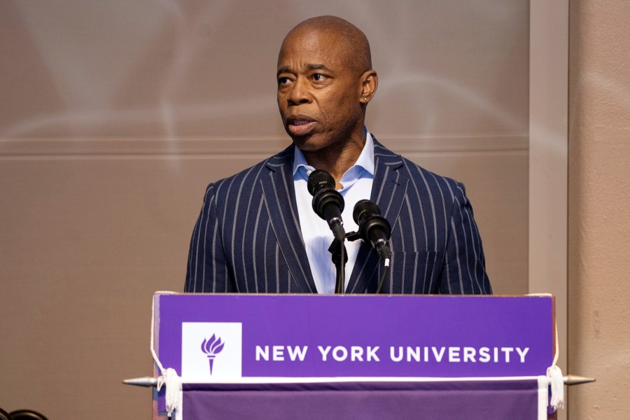 In this image provided by the Office of the New York Mayor, New York Mayor Eric Adams delivers remarks at the Autism Spectrum Disorder Nest Program's 20th anniversary celebration, at New York University's Kimmel Center in New York, Nov. 6, 2023. FBI agents seized phones and an iPad from Adams this week as part of an investigation into his campaign finances, according to a published report, Friday, Nov. 10, 2023. (Mayoral Photography Office via AP)