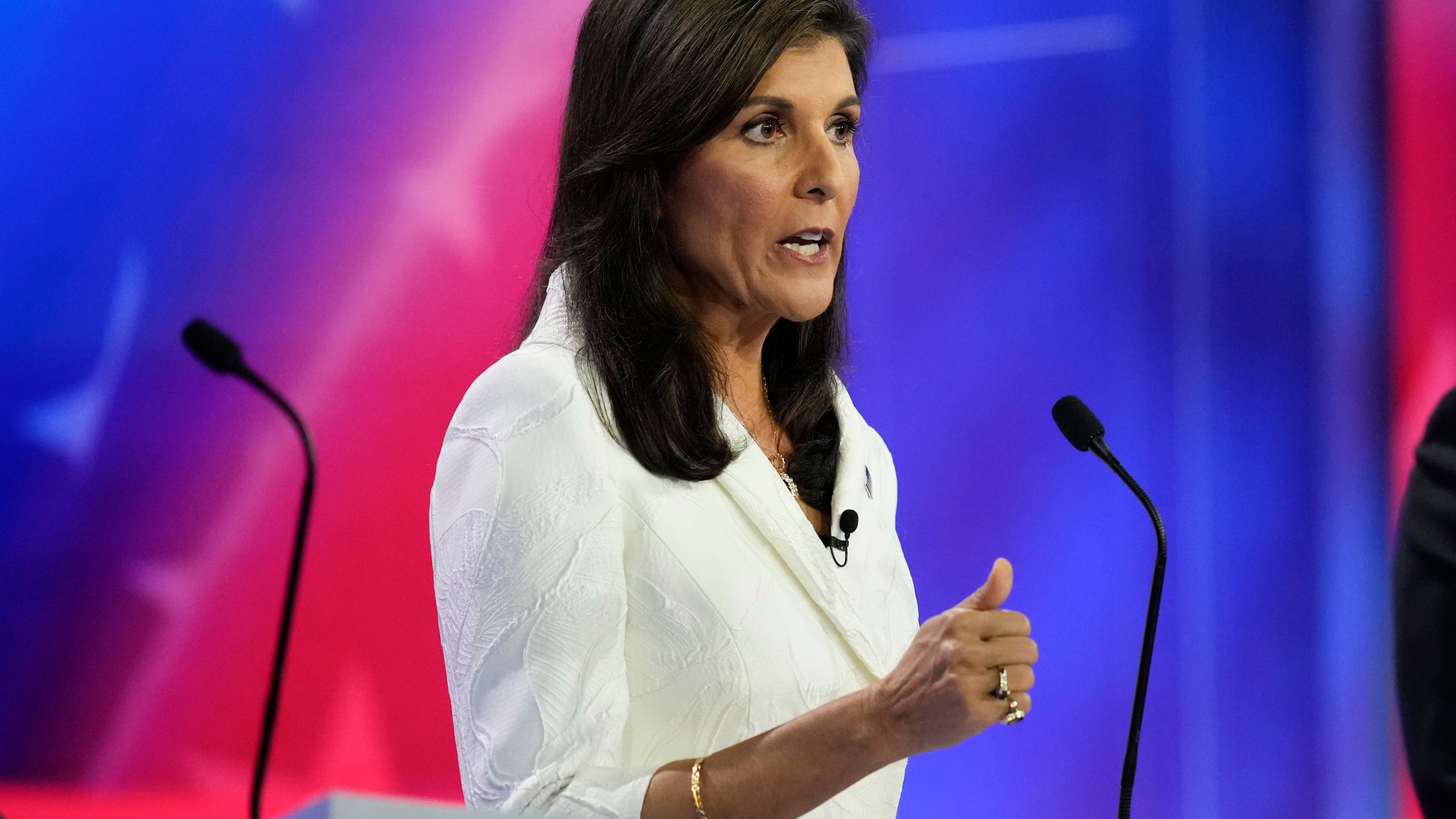 Republican presidential candidate former U.N. Ambassador Nikki Haley speaks during a Republican presidential primary debate hosted by NBC News, Wednesday, Nov. 8, 2023, at the Adrienne Arsht Center for the Performing Arts of Miami-Dade County in Miami. (AP Photo/Rebecca Blackwell)