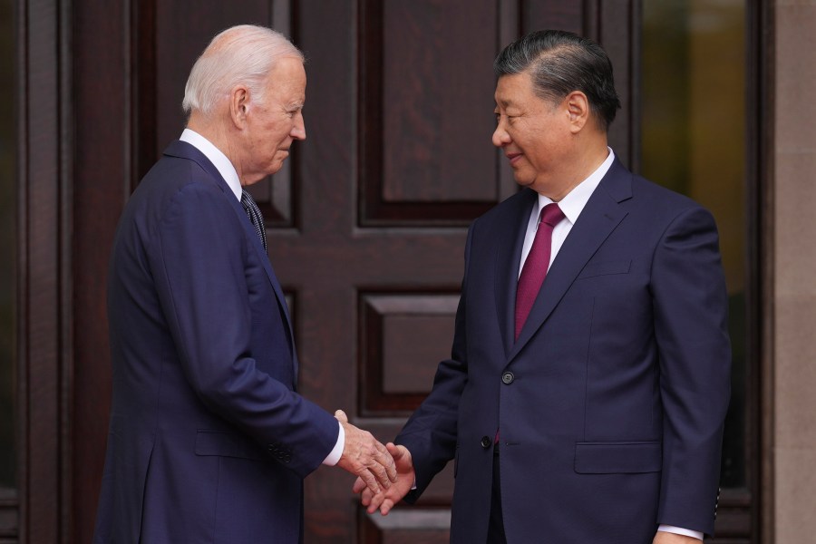 President Joe Biden greets China's President President Xi Jinping at the Filoli Estate in Woodside, Calif., Wednesday, Nov, 15, 2023, on the sidelines of the Asia-Pacific Economic Cooperative conference. (Doug Mills/The New York Times via AP, Pool)