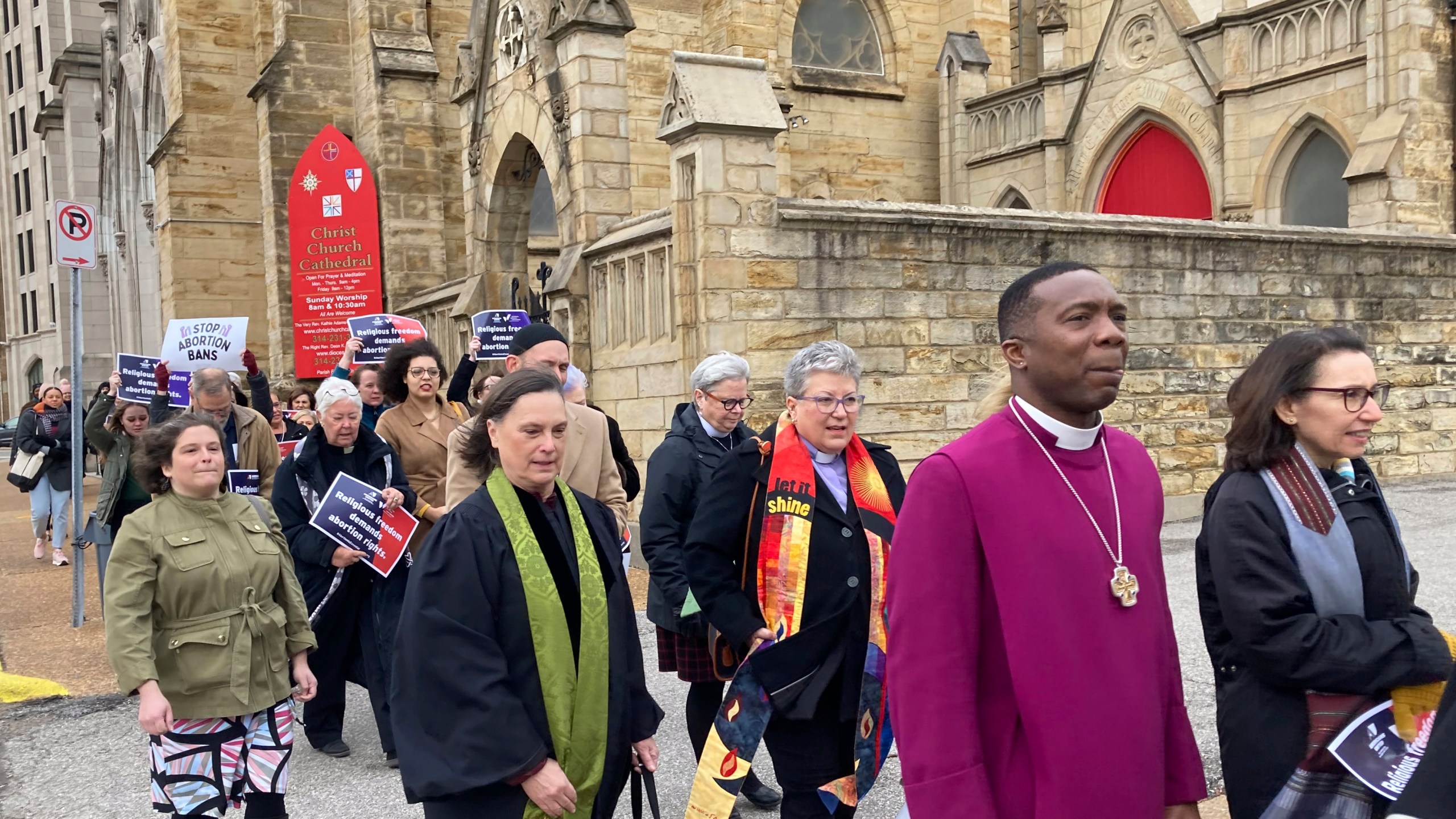 FILE - Clergy who filed suit seeking to overturn Missouri's abortion law and other opponents of the law hold a March through downtown St. Louis on Thursday, Jan. 19, 2023. A St. Louis judge on Thursday, Nov. 16, 2023 will hear arguments in a lawsuit challenging Missouri's abortion ban on the grounds that lawmakers who passed the measure imposed their own religious beliefs on others who don't share them. The lawsuit was filed in January on behalf of 13 Christian, Jewish and Unitarian Universalist leaders who support abortion rights. (AP Photo/Jim Salter, File)