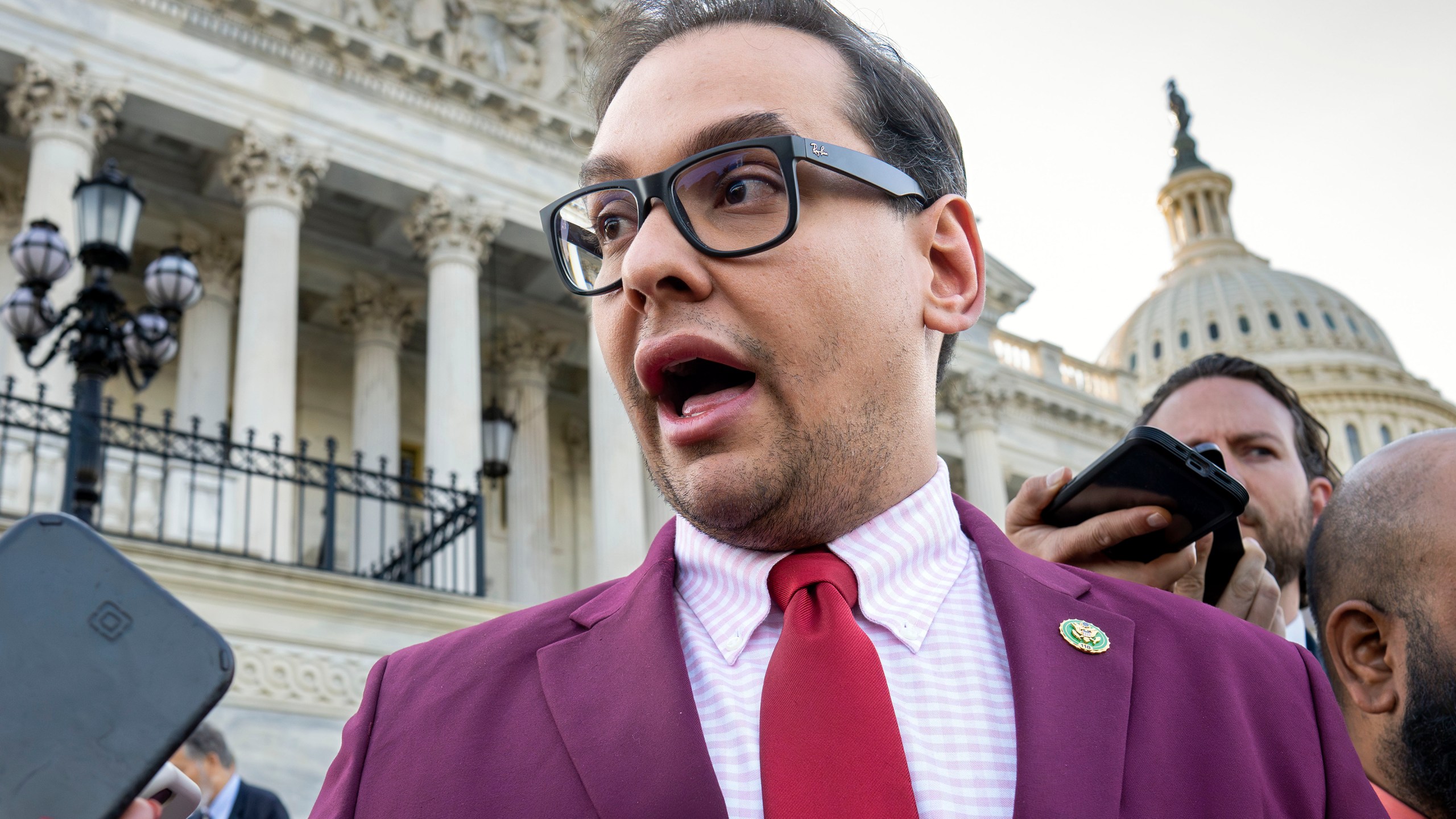 FILE - Rep. George Santos, R-N.Y., speaks to reporters outside the Capitol, in Washington, May 17, 2023. The House Ethics panel says it has found “substantial evidence” of lawbreaking by Republican Rep. George Santos of New York and has referred its findings to the Justice Department. (AP Photo/J. Scott Applewhite, File)