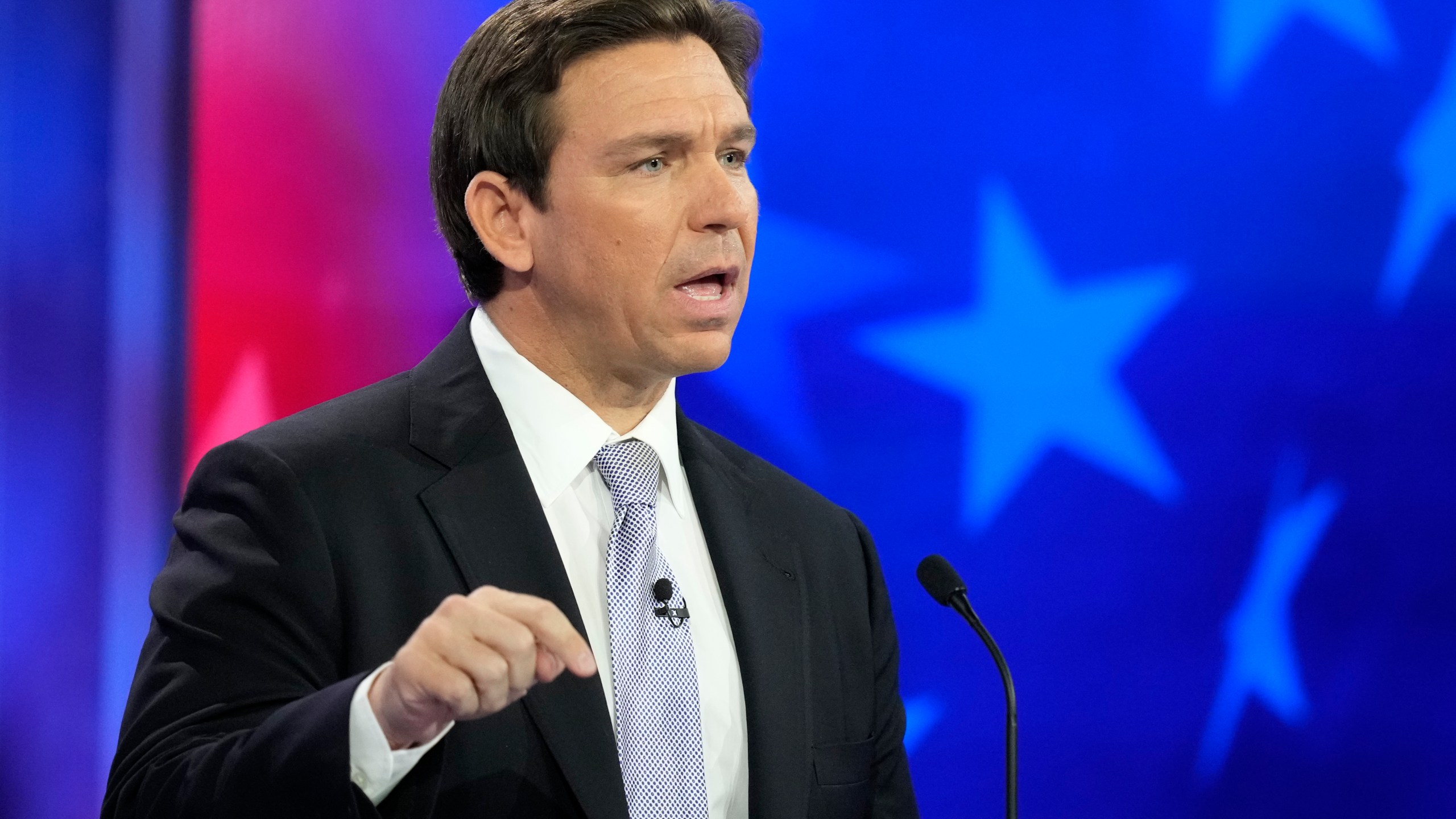 Republican presidential candidate Florida Gov. Ron DeSantis speaks during a Republican presidential primary debate hosted by NBC News, Wednesday, Nov. 8, 2023, at the Adrienne Arsht Center for the Performing Arts of Miami-Dade County in Miami. (AP Photo/Rebecca Blackwell)