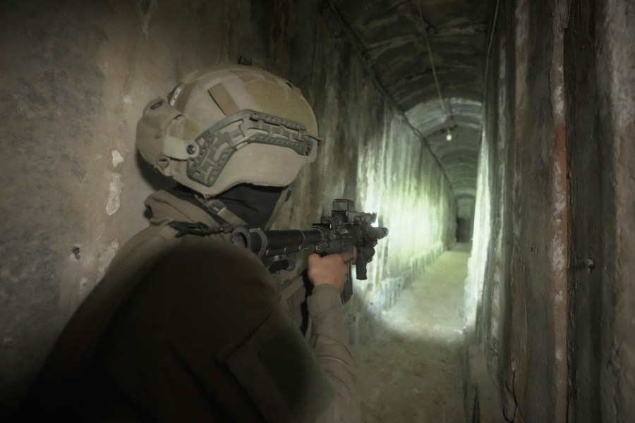 UPDATES INSTRUCTIONS - Israeli soldiers show the media an underground tunnel found underneath Shifa Hospital in Gaza City, Wednesday, Nov. 22, 2023. Israel says that Hamas militants sought cover on the grounds of the hospital and used the tunnel for military purposes. (AP Photo/Victor R. Caivano)