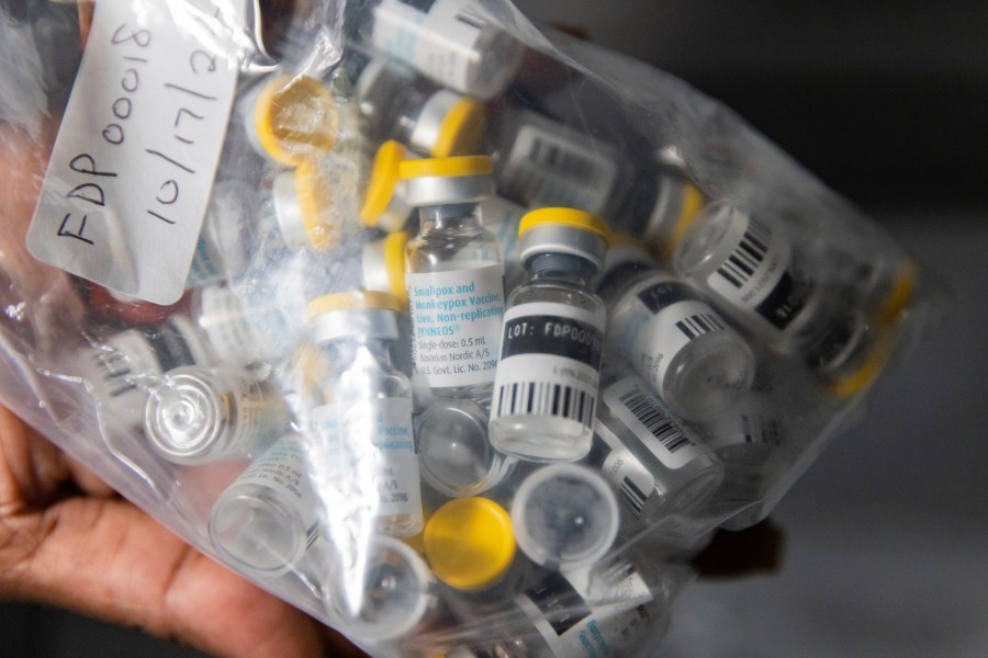 FILE - Vials of single doses of the Jynneos vaccine for monkeypox are seen from a cooler at a vaccinations site on Aug. 29, 2022, in the Brooklyn borough of New York. The World Health Organization said it has confirmed sexual transmission of mpox in Congo for the first time during the country's biggest-ever outbreak, in a worrying development African scientists warn could make it more difficult to stop the disease. (AP Photo/Jeenah Moon, File)