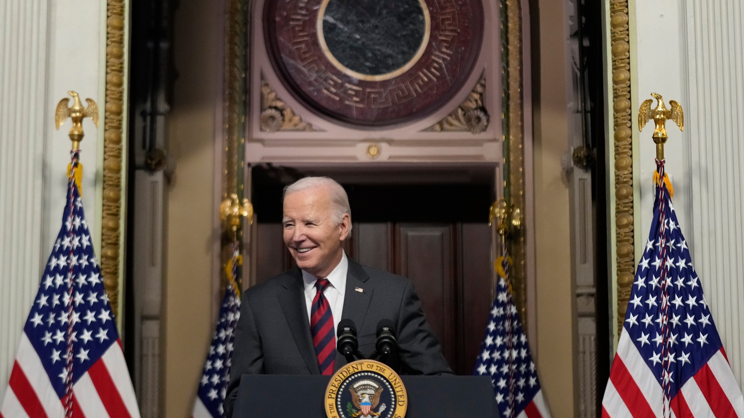 President Joe Biden speaks about supply chain issues in the Indian Treaty Room on the White House complex, Monday, Nov. 27, 2023, in Washington. (AP Photo/Andrew Harnik)