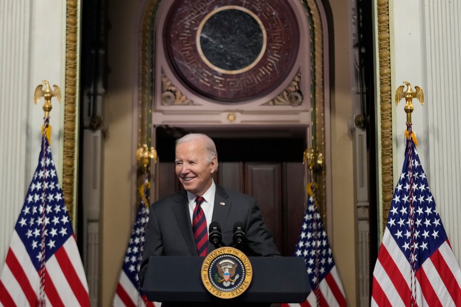 President Joe Biden speaks about supply chain issues in the Indian Treaty Room on the White House complex, Monday, Nov. 27, 2023, in Washington. (AP Photo/Andrew Harnik)