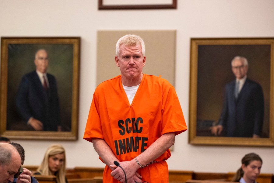 Alex Murdaugh reacts as he addresses the court during his sentencing for stealing from 18 clients, Tuesday, Nov. 28, 2023, at the Beaufort County Courthouse in Beaufort, S.C. (Andrew J. Whitaker/The Post And Courier via AP, Pool)