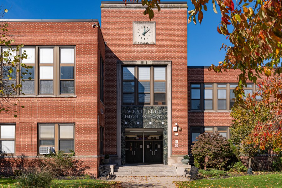 The main entrance of Westfield High School in Westfield, N.J. is shown on Wednesday, Nov. 8, 2023. AI-generated nude pictures were created using the faces of some female students at the school and then circulated among a group of friends on the social media app Snapchat. (AP Photo/Peter K. Afriyie)