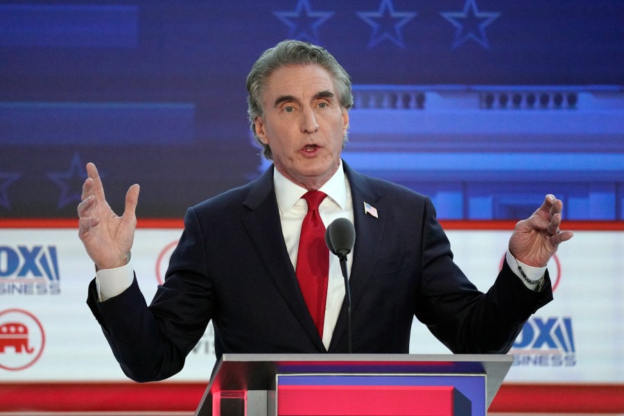 FILE - Republican presidential candidate North Dakota Gov. Doug Burgum speaks during a Republican presidential primary debate hosted by FOX Business Network and Univision, Sept. 27, 2023, at the Ronald Reagan Presidential Library in Simi Valley, Calif. Burger has ended his GOP presidential bid. (AP Photo/Mark J. Terrill, File)