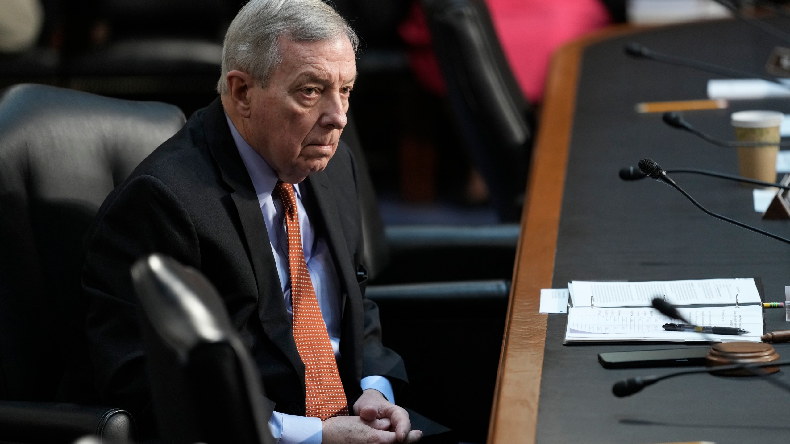 Senate Judiciary Committee Chairman Sen. Dick Durbin, D-Ill., listens during a hearing with FBI Director Christopher Wray at a Senate Judiciary Committee oversight hearing on Capitol Hill in Washington, Tuesday, Dec. 5, 2023. (AP Photo/Susan Walsh)