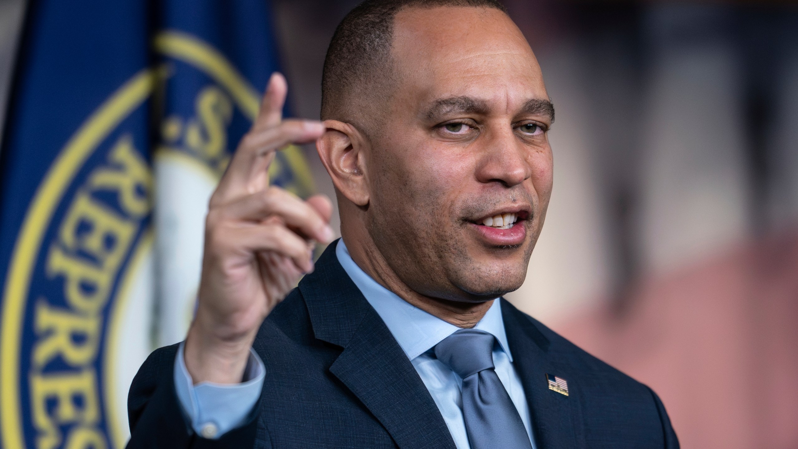 House Minority Leader Hakeem Jeffries, D-N.Y., meets with reporters during a news conference at the Capitol in Washington, Thursday, Dec. 7, 2023. The Democratic leader criticized today's Republican censure of Rep. Jamaal Bowman, D-N.Y., who triggered a fire alarm last September in one of the U.S. Capitol office buildings when the chamber was in session. (AP Photo/J. Scott Applewhite)