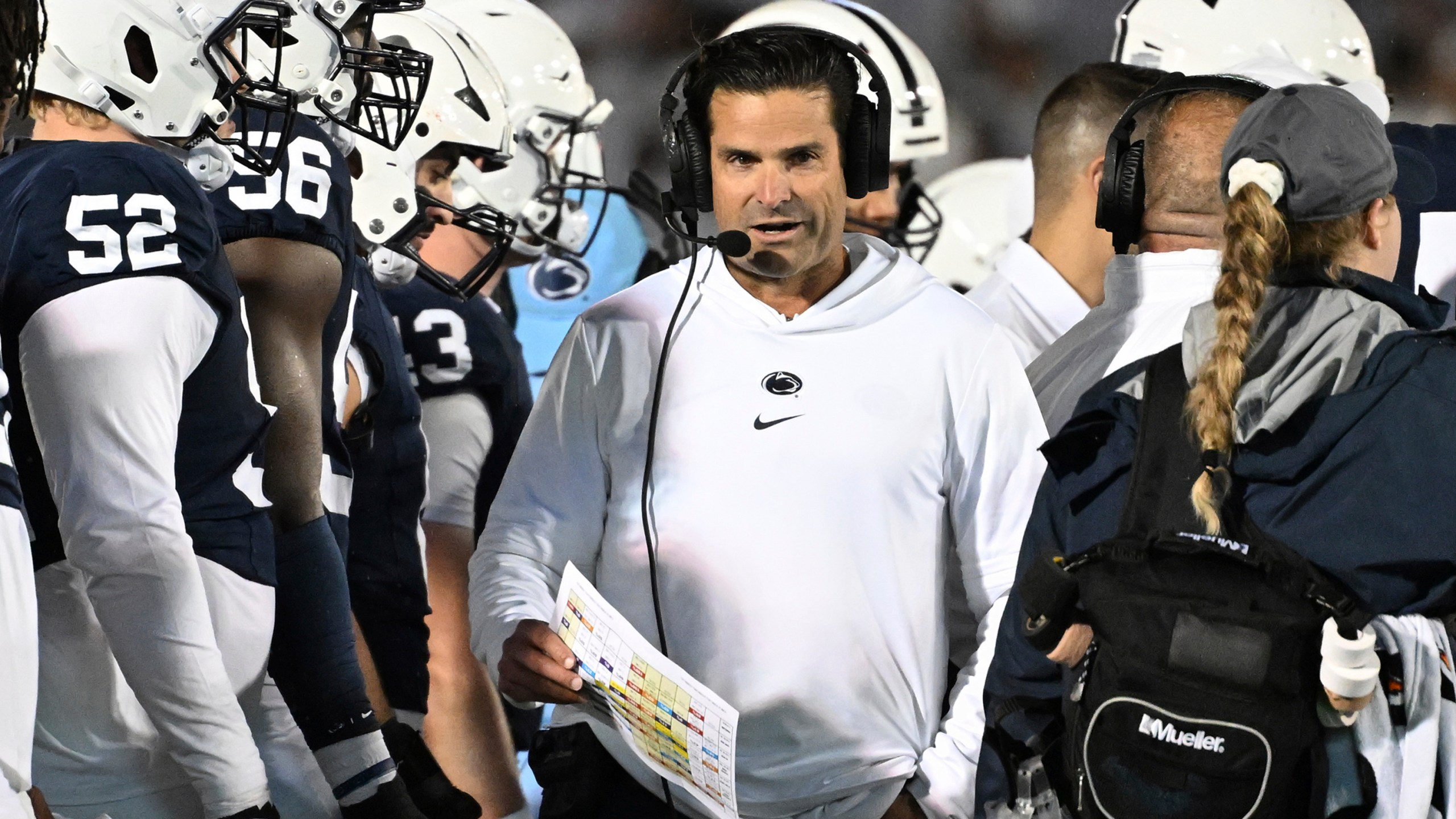 FILE -Penn State defensive coordinator Manny Diaz coaches against Iowa during the second half of an NCAA college football game, Saturday, Sept. 23, 2023, in State College, Pa. Duke has hired Penn State defensive coordinator Manny Diaz as its head coach, a person with direct knowledge of the move told The Associated Press on Thursday night, Dec. 7, 2023. (AP Photo/Barry Reeger, File)