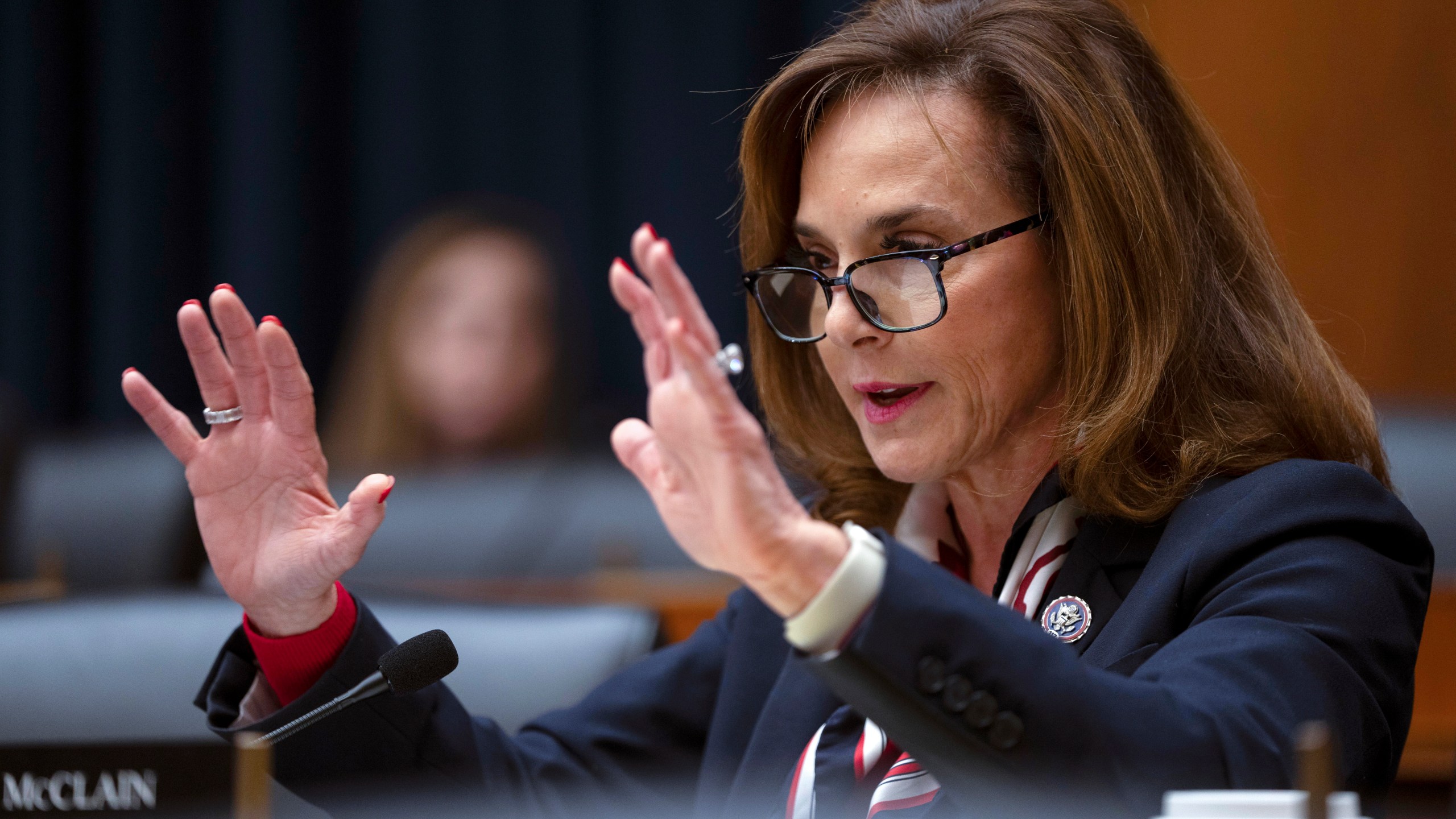 Rep. Lisa McClain, R-Mich., speaks during a hearing of the House Committee on Education on Capitol Hill, Tuesday, Dec. 5, 2023 in Washington. (AP Photo/Mark Schiefelbein)